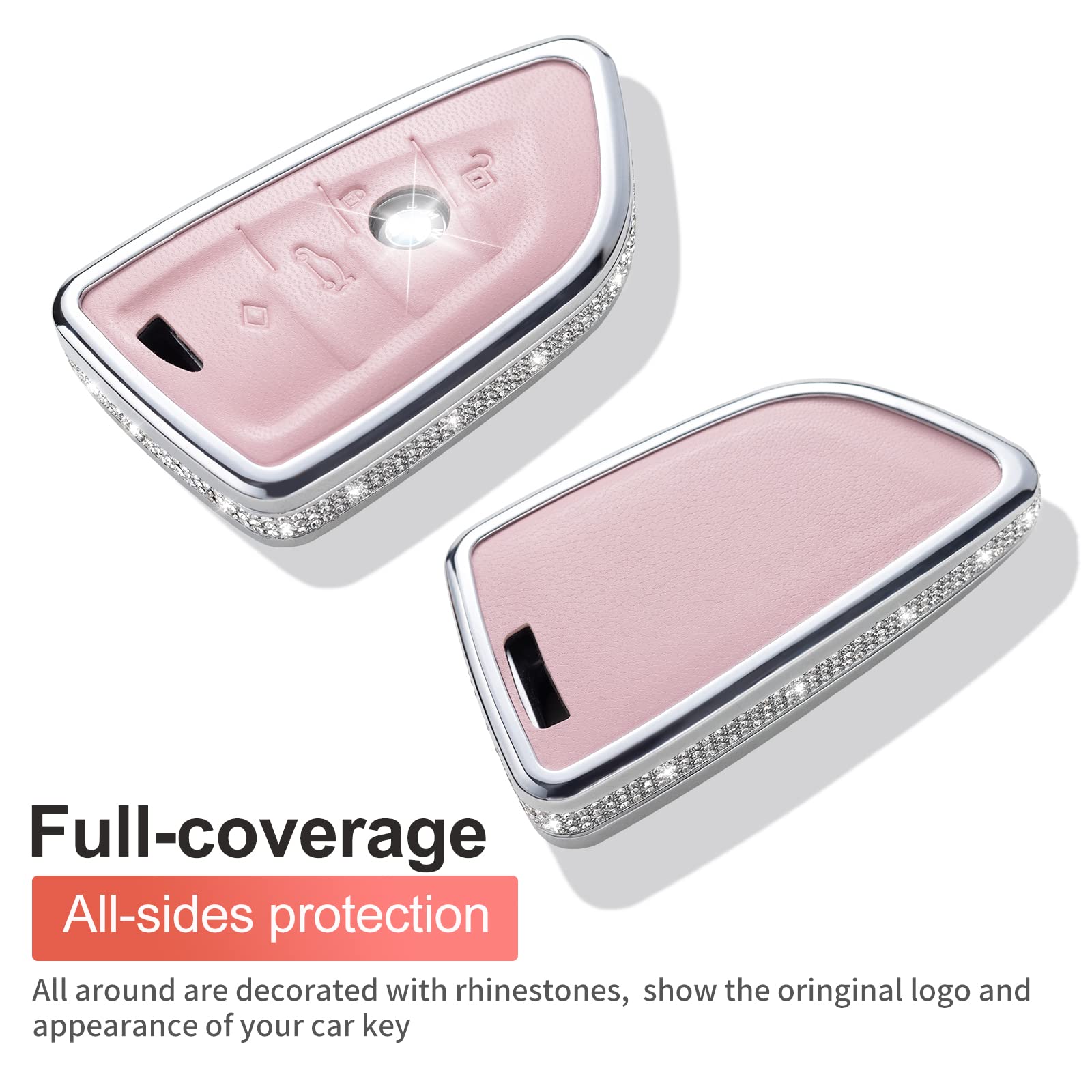 Ruabiban For Bmw Key Fob Cover With Keychain, Pink Genuine Leather Crystal Key Case Protection Shell Compatible With Bmw 2 5 6 7