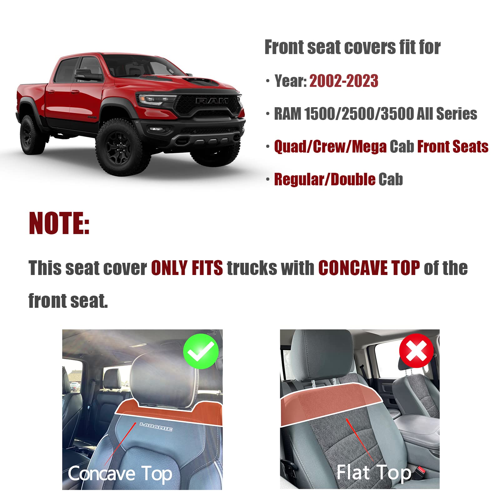 Truckiipa Dodge Ram Seat Covers Front Pair, Car Seat Cover Waterproof Leather Protector Pickup Truck Accessories, Full Coverage Custom Fit For 2002-2023 Ram 1500 2500 3500 Regular/Double Cab, Black