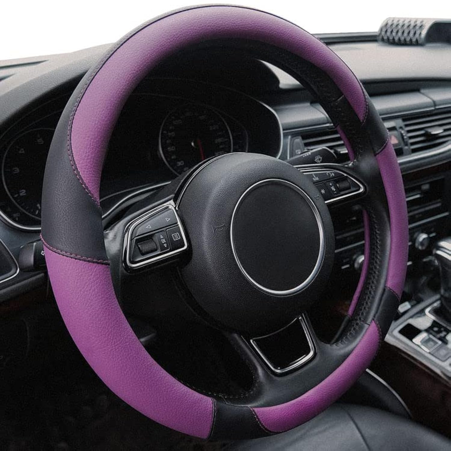 Xizopucy Purple Steering Wheel Covers Black Universal Microfiber Leather, Suitable For 14 1/2-15 Inch Car Steering Wheel Cover, 