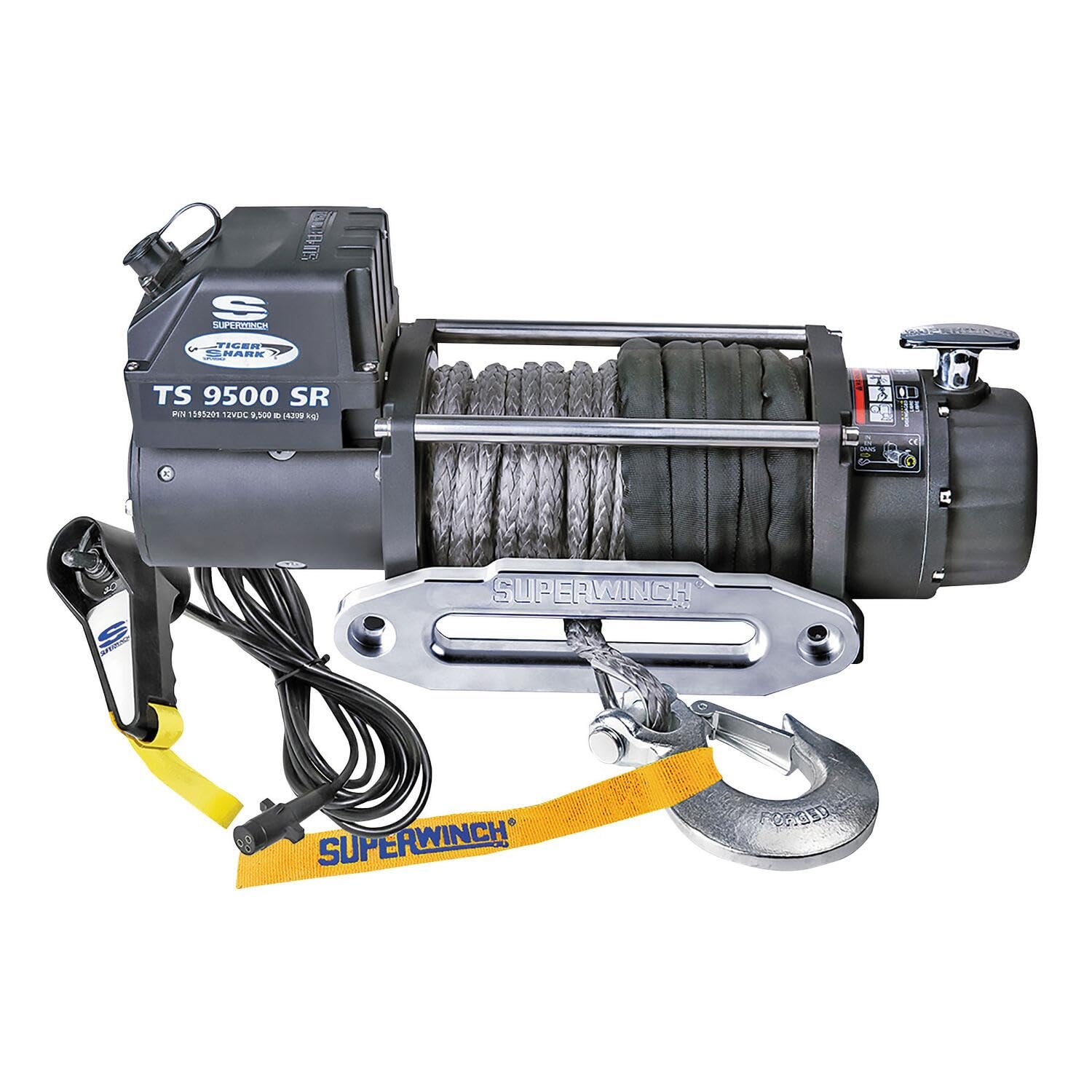Superwinch 1595201 Tiger Shark 9500SR 12V DC Winch 9,500lb/4,309kg Single Line Pull with Hawse Fairlead, 3/8 x 80 Synthetic Rop