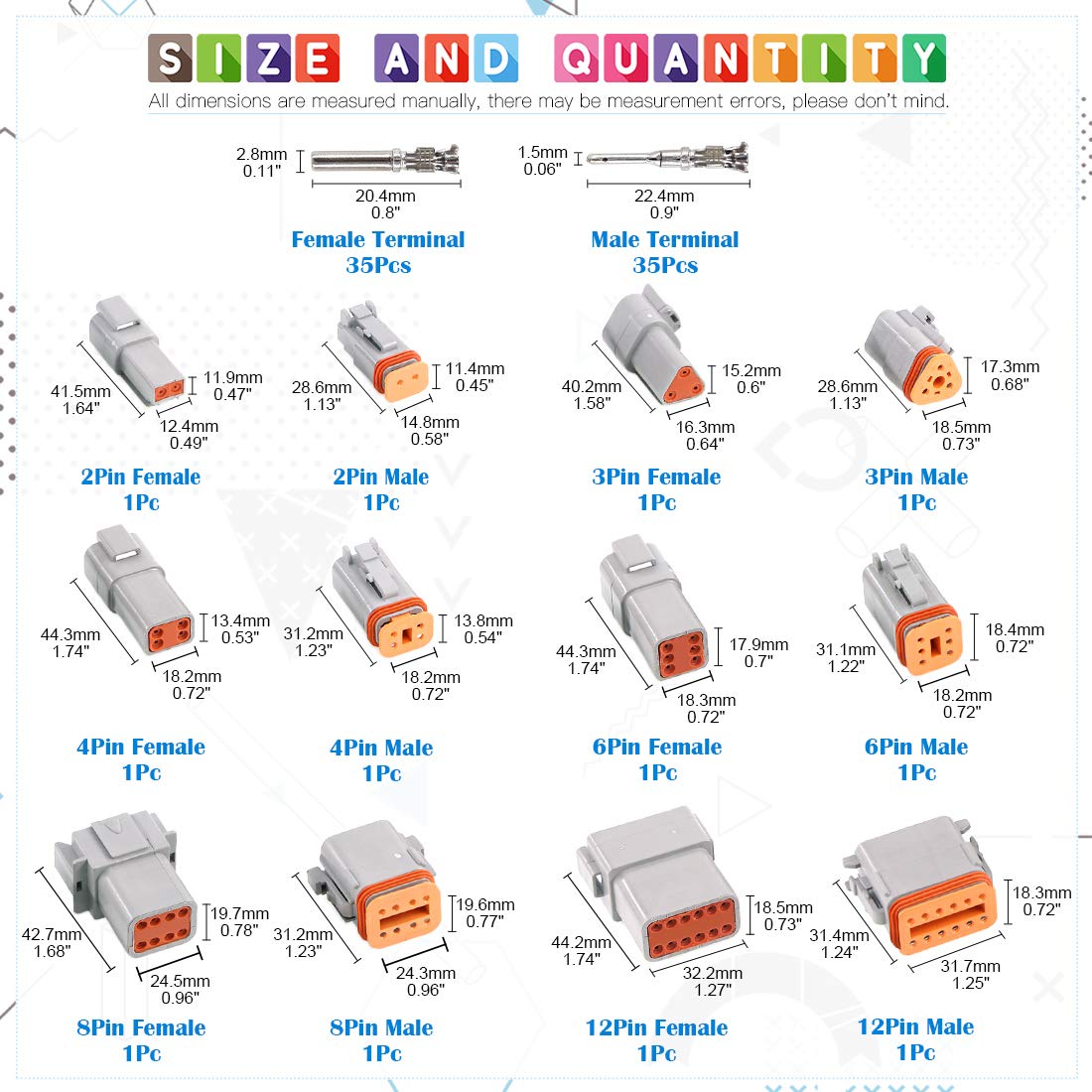 Glarks 6 Sets 2 3 4 6 8 12 Pin Sealed Gray Male And Female Auto Waterproof Electrical Wire Connector Plug 22-16Awg Connector For Motorcycle, Scooter, Car, Truck, Boats