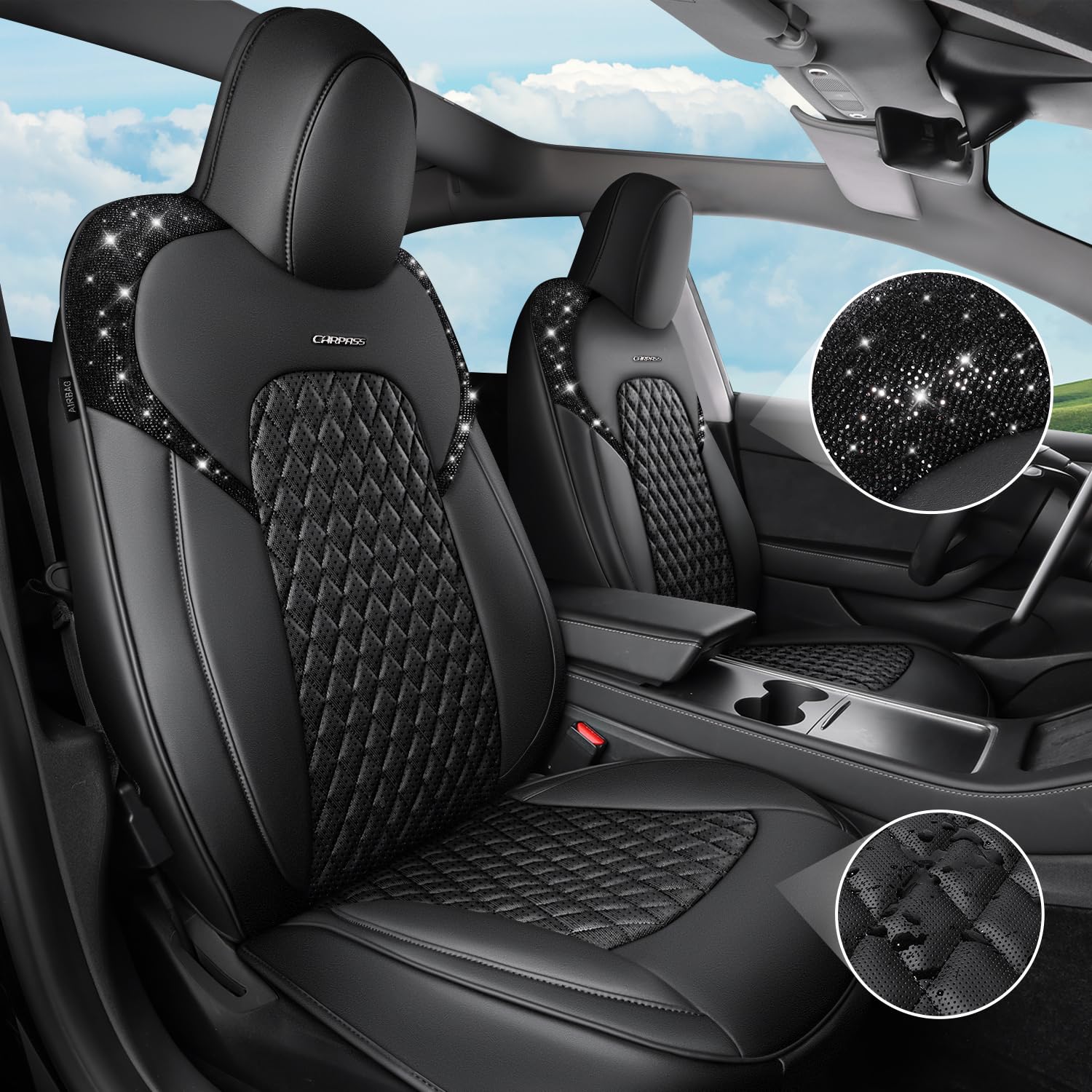 Car Pass Car Seat Covers For Tesla Model 3 Nappa Leather Bling Diamond Car Seat Protector Full Coverage Airbag Compatible Custom