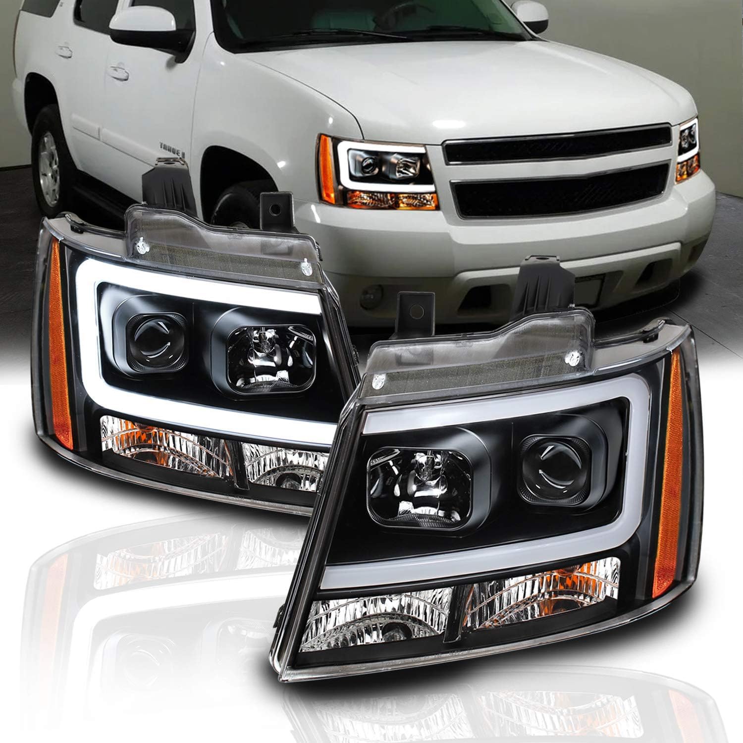 Amerilite For 2007-2013 Chevy Avalanche Suburban Tahoe Super Bright Led Bar Projector Halogen Black Headlights Pair - Passenger