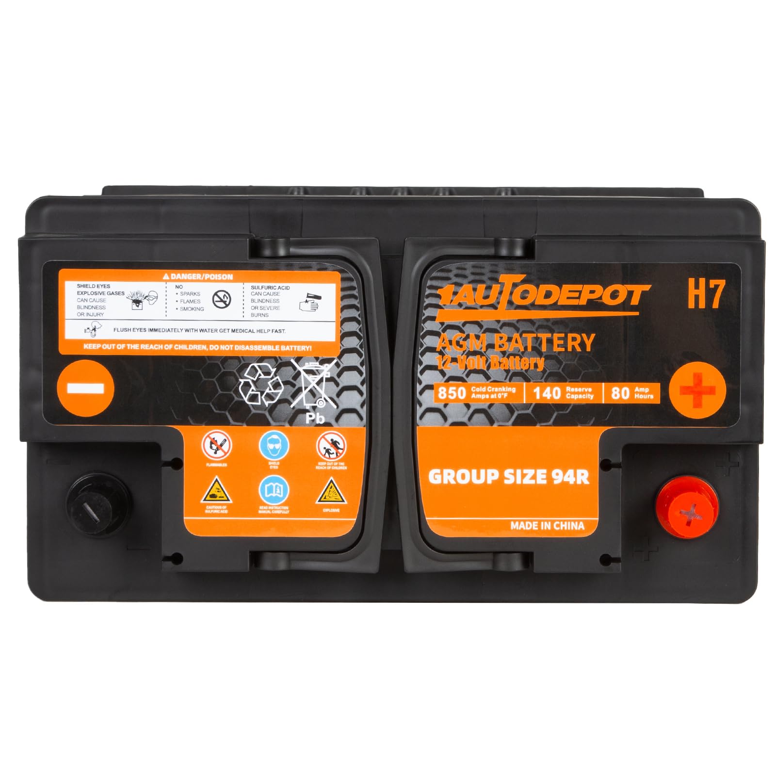 1Autodepot Bci Group 94R Car Battery, 12V 80Ah Size H7 Automotive Battery Premium Maintenance Free Agm Batteries, 850Cca, 140Rc