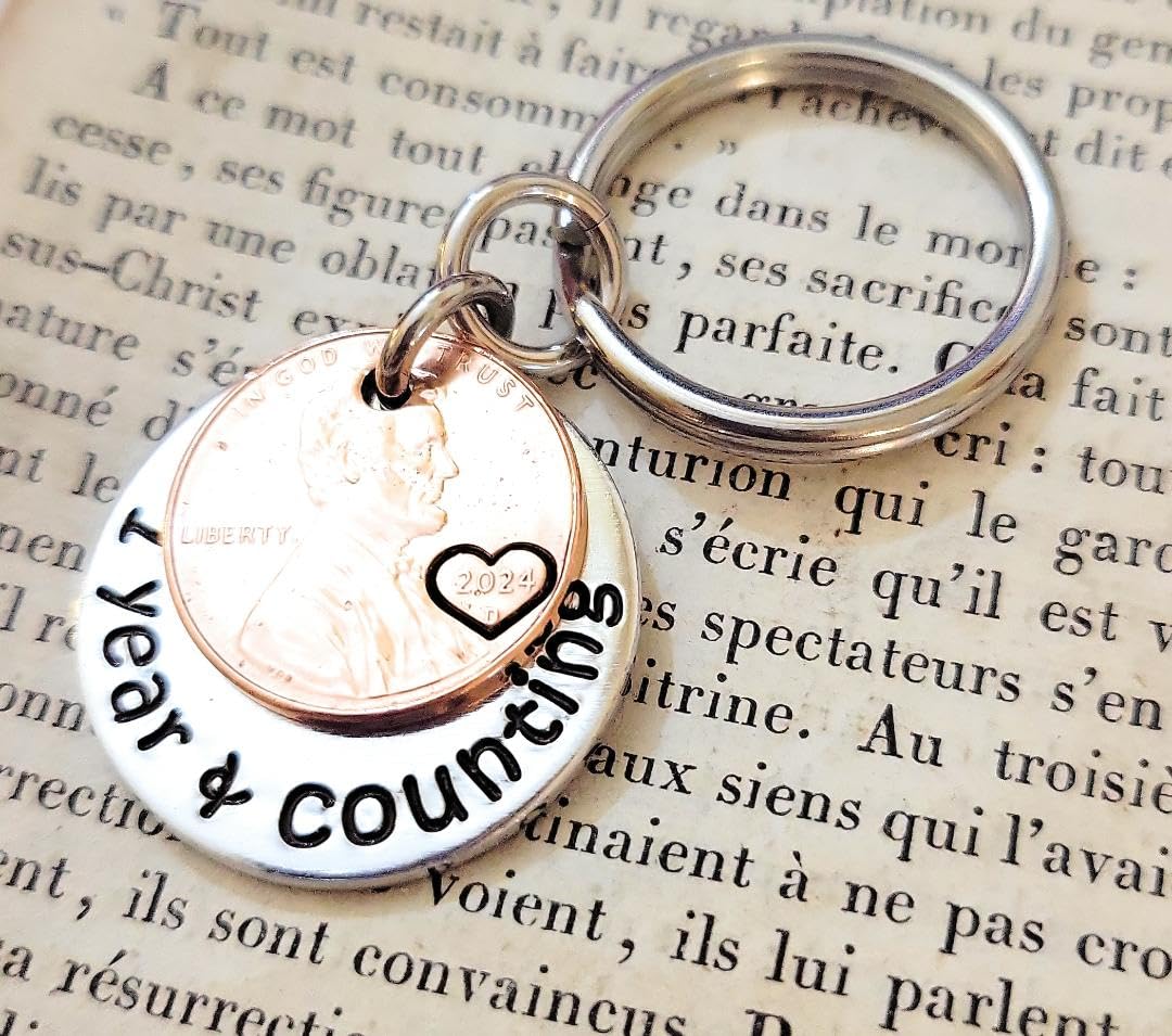 1 Year & Counting, 1St Anniversary Gift, Key Chain Gift, 2024 Lucky Copper Penny, Heart Stamp, Gift For Husband, Gift For Wife