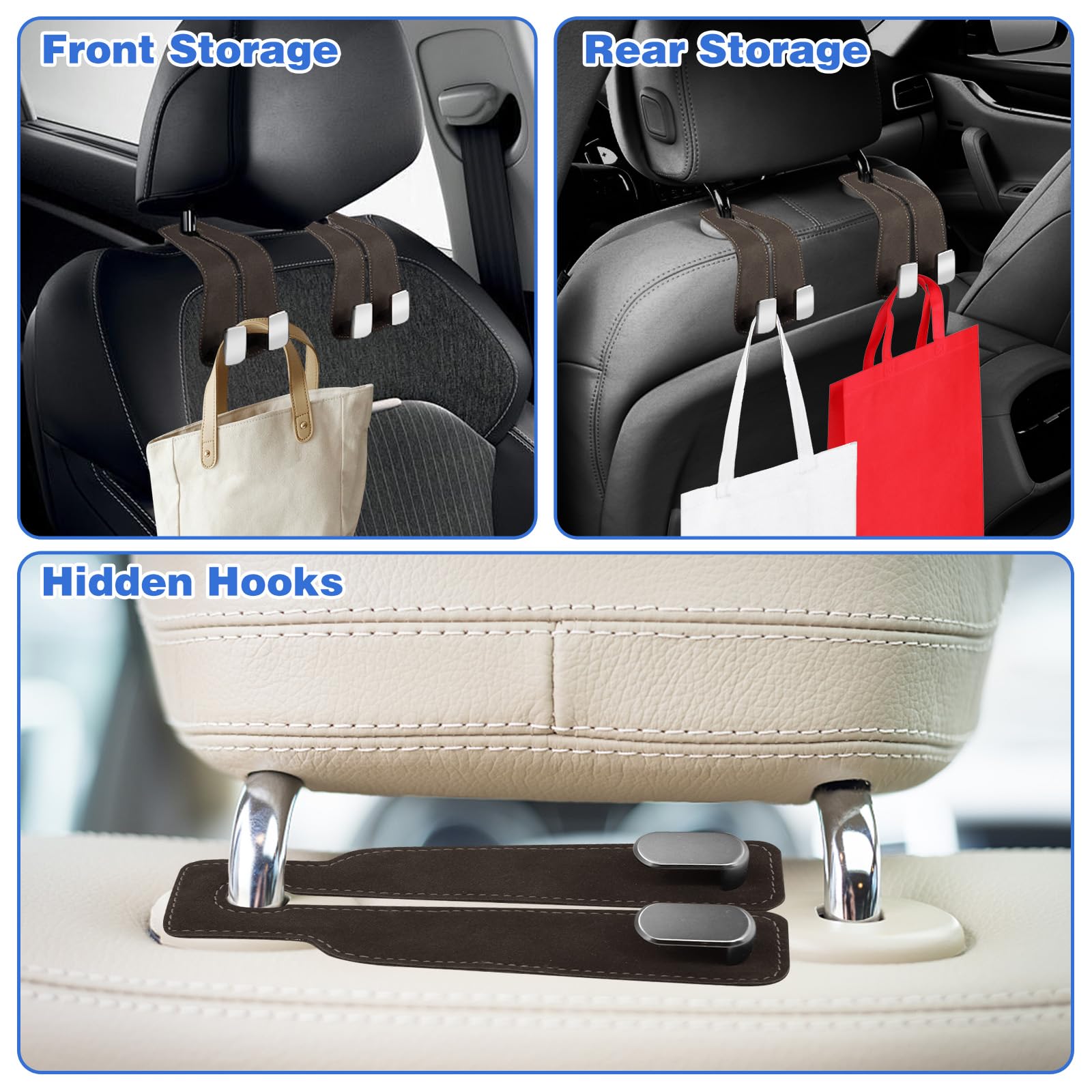 Canipha 2Pcs Car Seat Hooks For Headrest, Double Hook Purse Hook Car Storage Headrest Hooks Car Purse Holder For Car, Applies To