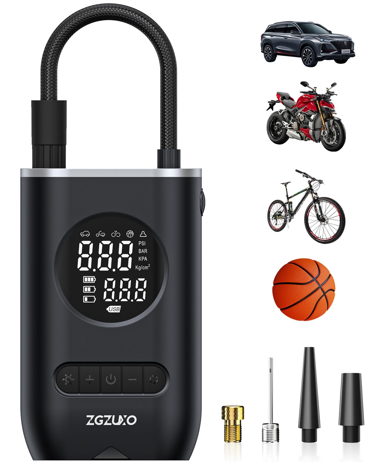 Zgzuxo Tire Inflator And Bike Pump, Portable Air Compressor For Car Tires, 150Psi Cordless Air Pump For Car With Pressure Gauge,