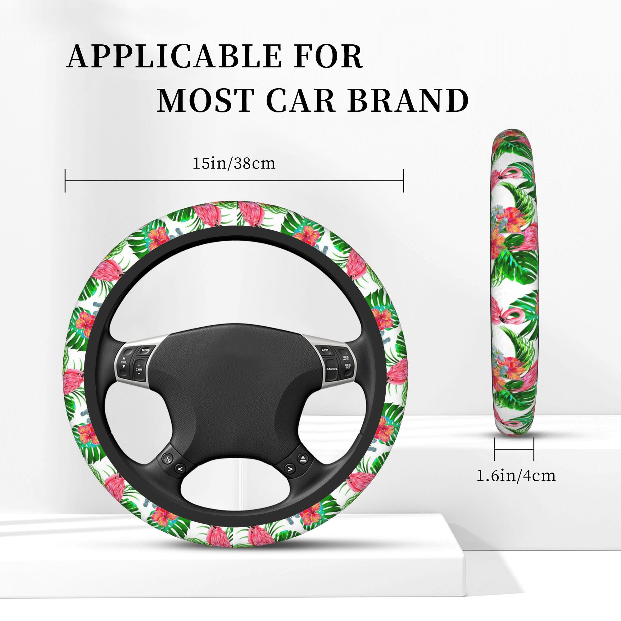 Pink Flamingo Tropical Palm Flower Leaves Steering Wheel Covers Non Slip Neoprene Steering Wheel Protector Cover Universal 15 In