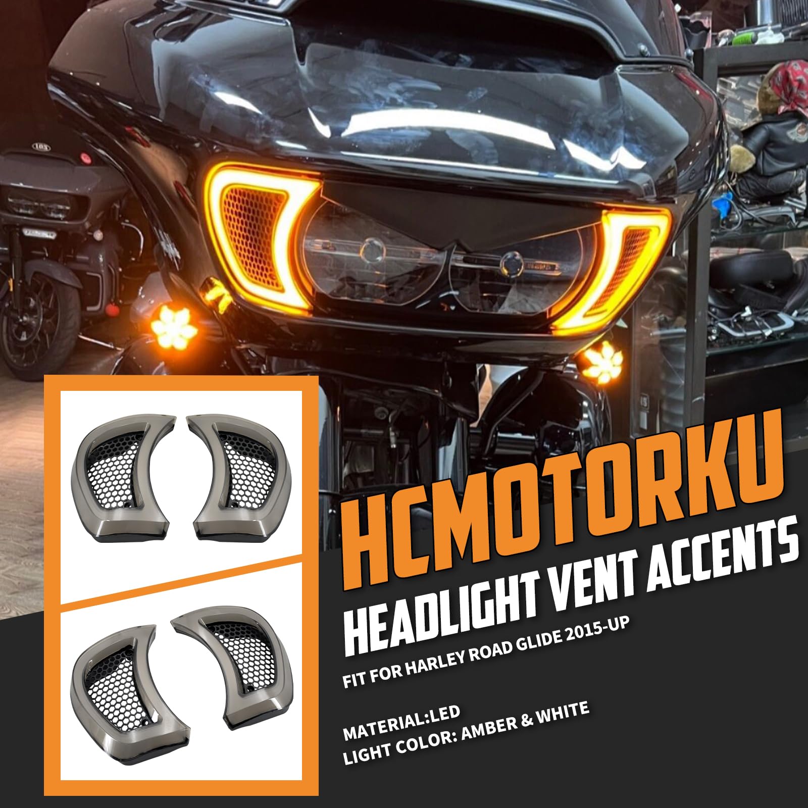 Hcmotorku Motorcycle Led Headlight Vent Accents Turn Signal Light Running Light Fit For Harley Touring Road Gilde 2015-2023 Smok