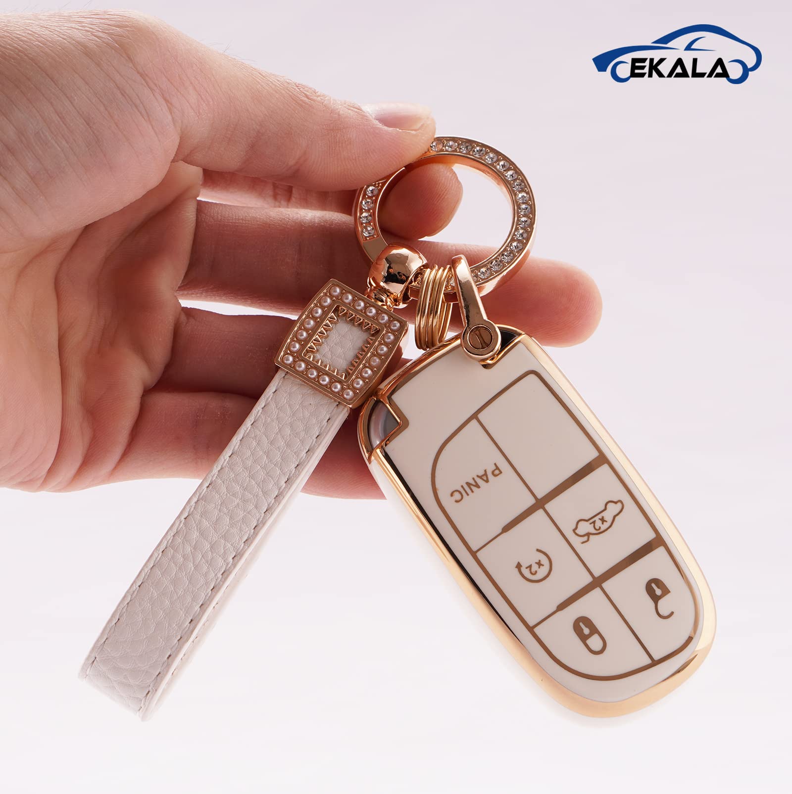EKALA for Key Fob Cover with Leather Key Fob Keychain, 5 Buttons Soft TPU Keys Shells White Key Fob Cover Compatible with Grand