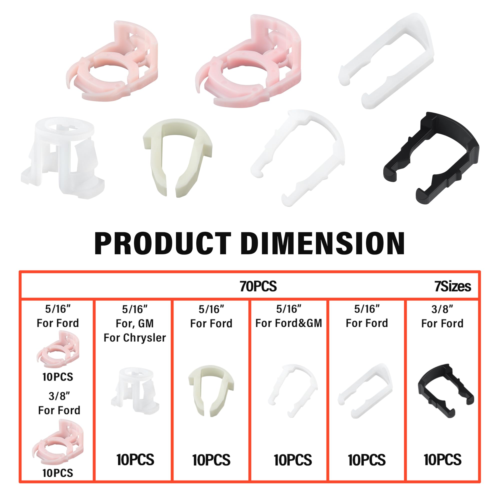 70Pcs Car Fuel Line Clips,7 Size Nylon Fuel Line Repair Kit Replacement 3/8 '' & 5/16 '' Fuel Line Clamp,Durable Fuel Hose Retai