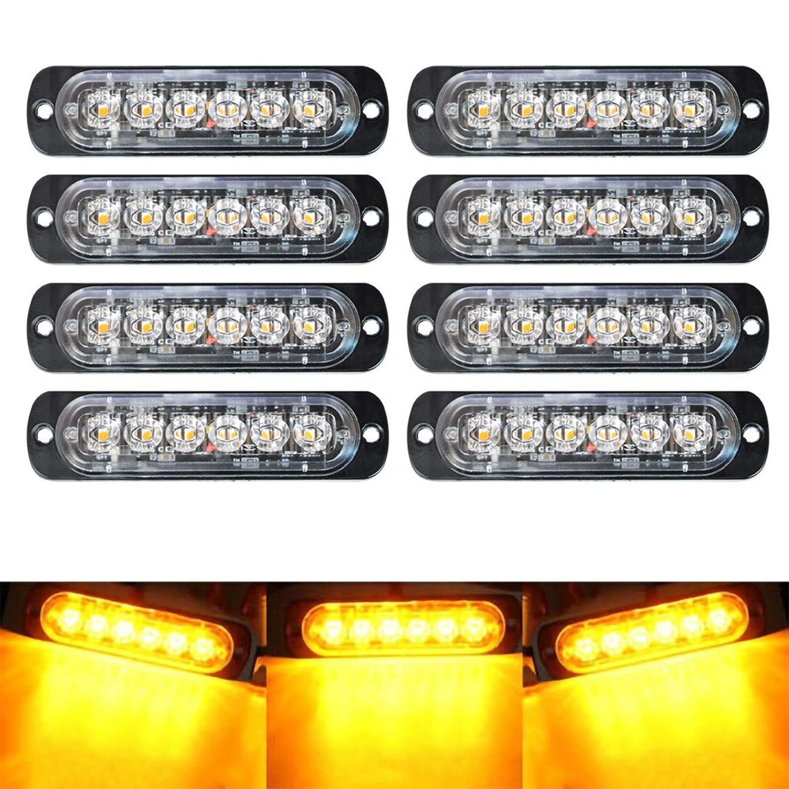 8-Pack 6 Led Amber Strobe Lights Vehicles Trucks Emergency Strobe Lights Kit 12V -24V Warning Hazard Flash Strobe Lights Bar Gri