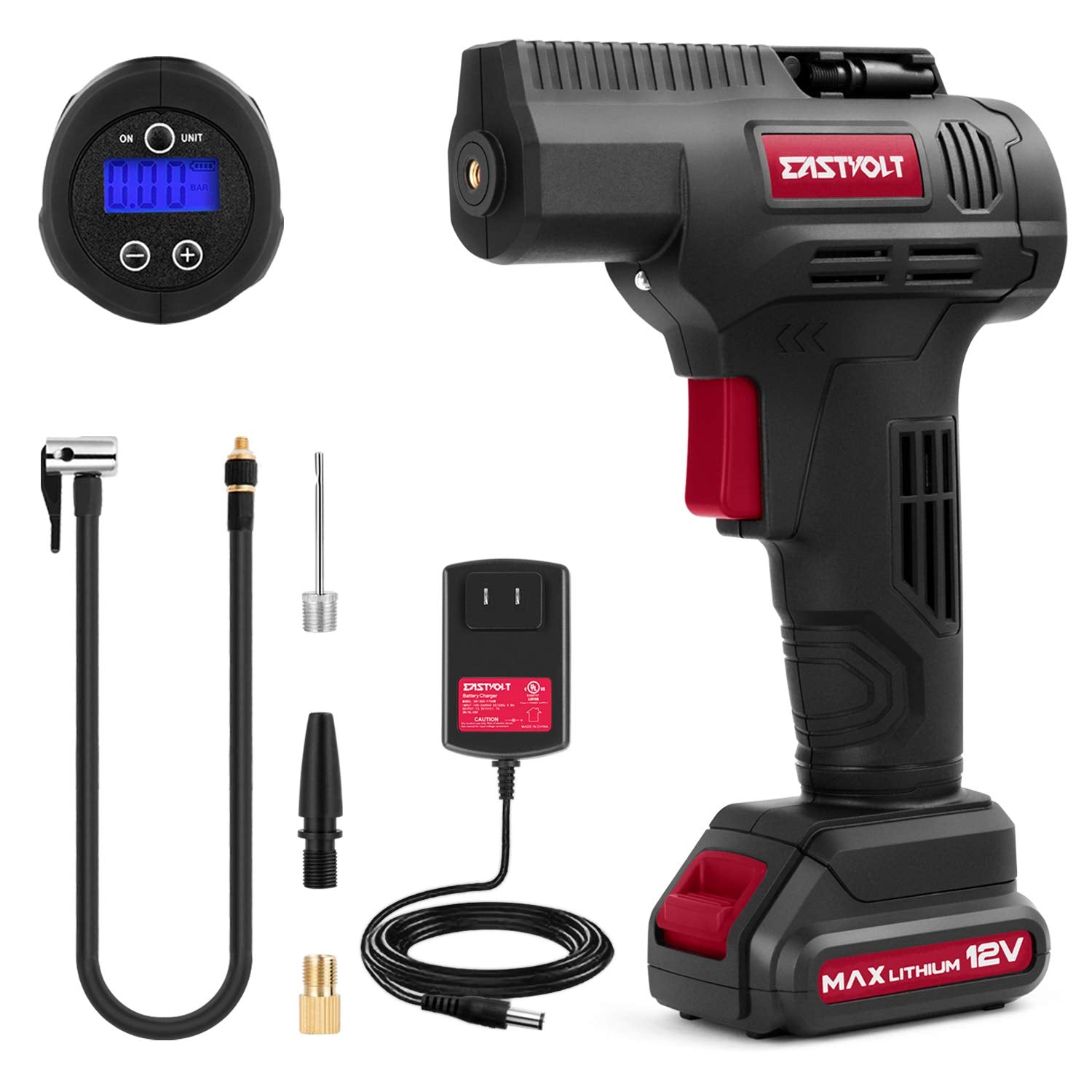 Eastvolt 12V Tire Inflator Air Compressor, Multi-Purpose Electric Power, Max 150Psi With 4-Unit Measurement Gauge, 3 Nozzles, Fast Charger And 1.5 Ah Rechargeable Battery