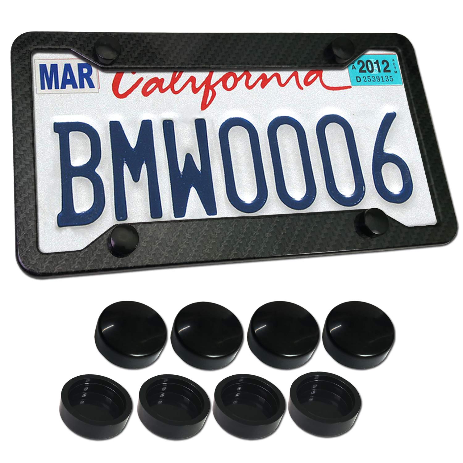 Aootf Carbon Fiber License Plate Frames-Metal Aluminum Plate Frames Front & Rear 2Pcs 4 Holes Black Car Tag Covers Holders With Stainless Steel Screw Caps