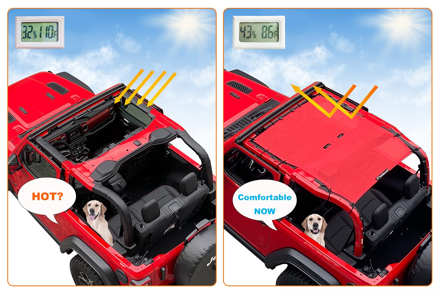 Shadeidea Sun Shade Top For Jeep Wrangler Top Sunshade Jl 2 Door (2018-2023) Sun Shade Front And Rear - Cherry Red Mesh Screen T