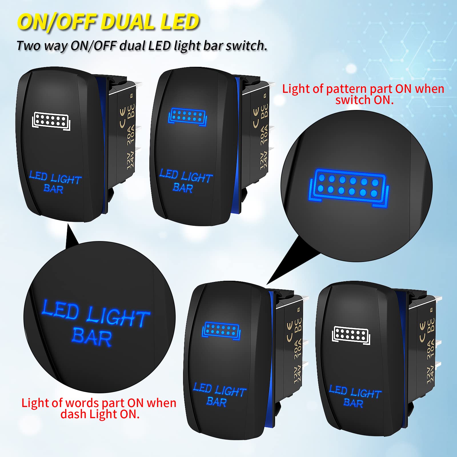 Led Light Bar Switch On/Off 5 Pin Laser Marine Rocker Switch Waterproof 12V 20A 24V 10A Blue Led Light Bar Toggle Switch With Ju