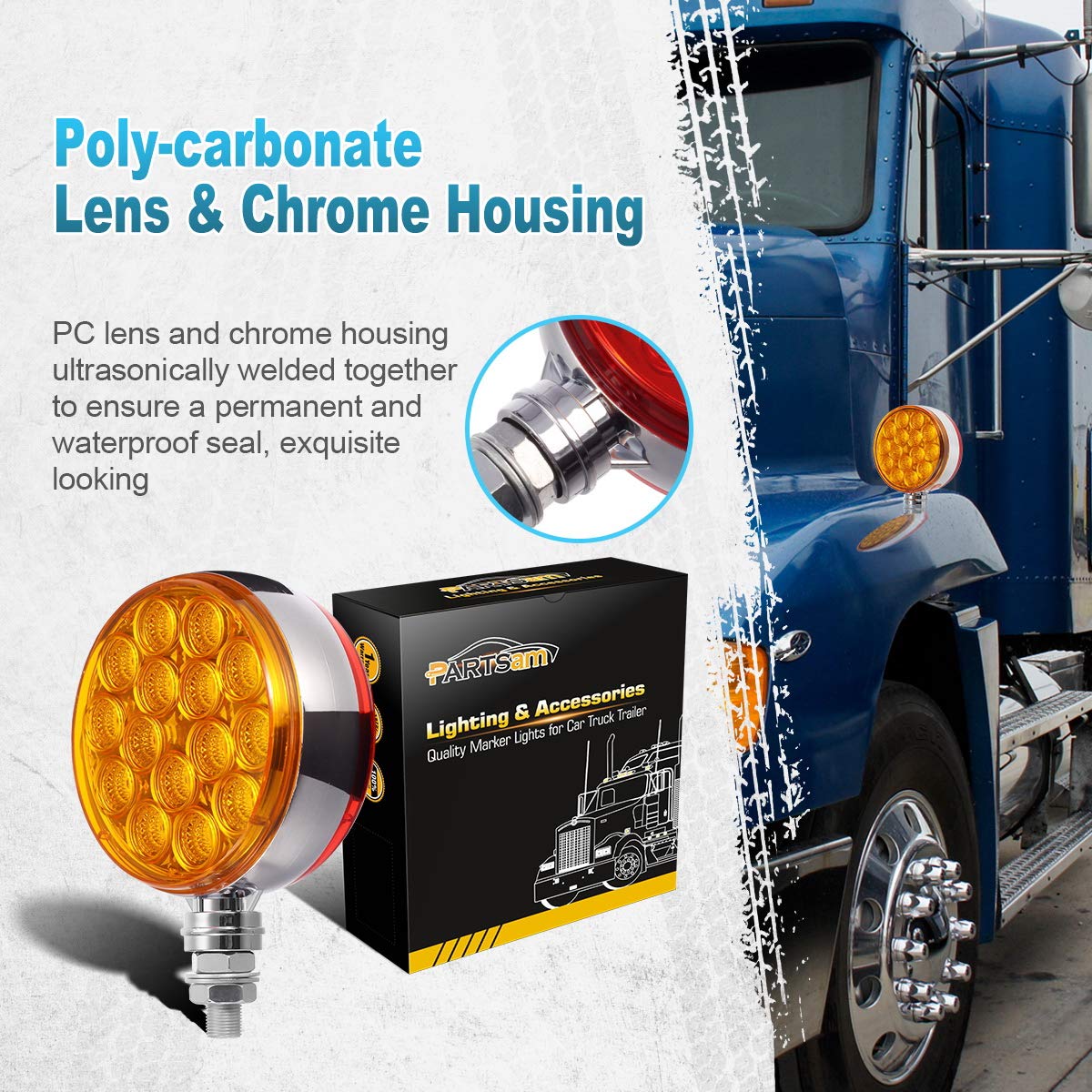 Partsam 2Pc 3'' Round Double Face Red/Amber 30 Led Pedestal Fender Lights Turn Signal Chrome Miro-Reflex Sealed Replacement For