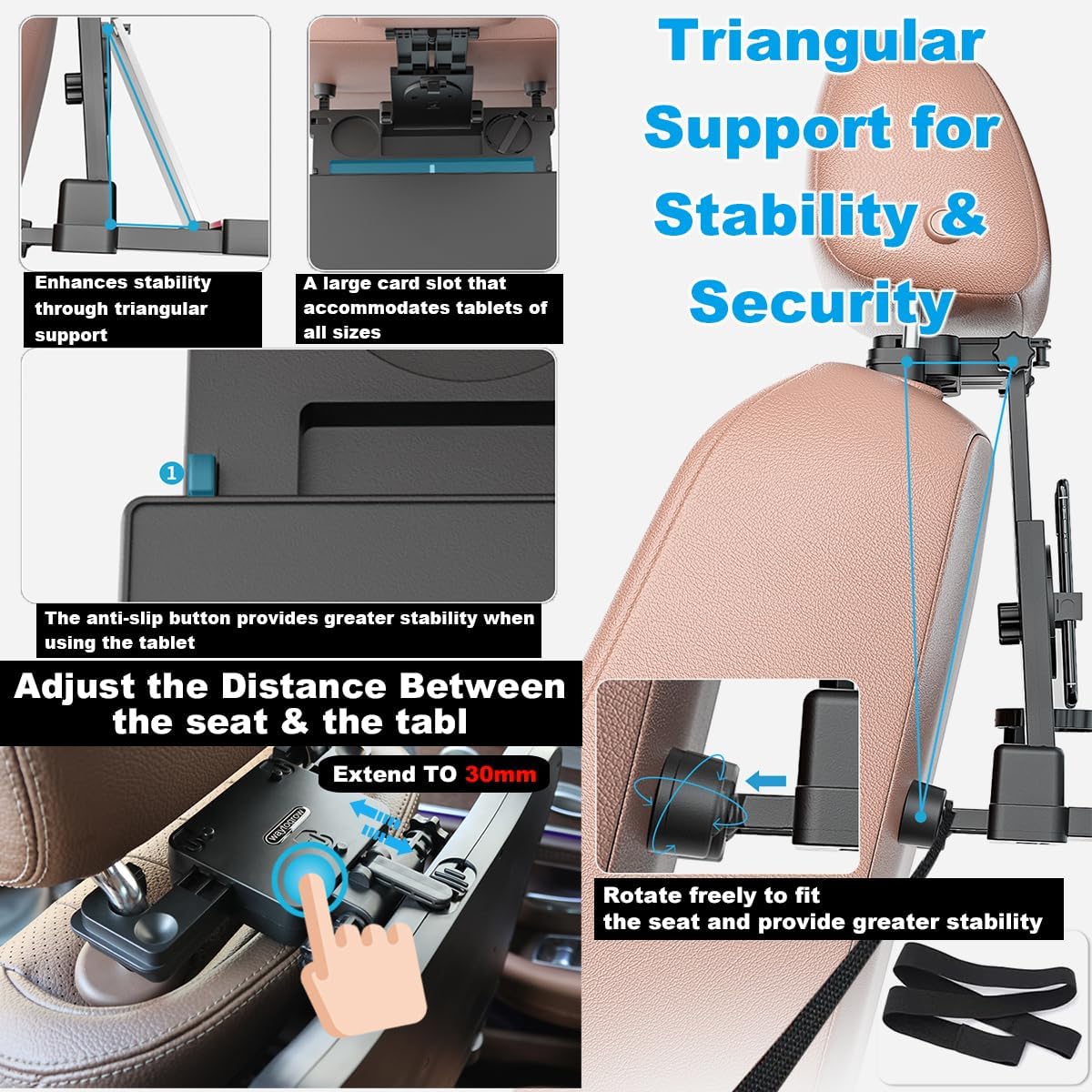 Car Back Seat Tray Table - Stable Foldable Auto Backseat Food Trays Desk for Rear Passenger Road Trip Eating & Work, Multifuncti