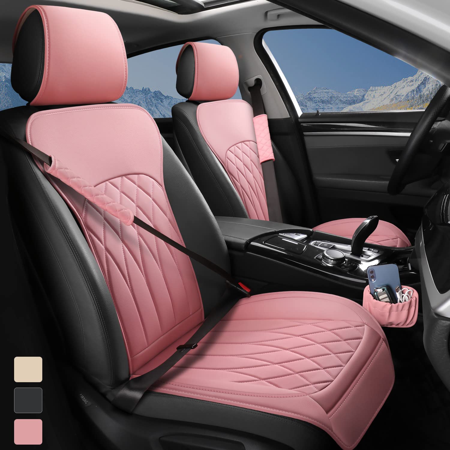 Beitk 2 Pack Leather Front Car Seat Covers, Universal Sideless Car Seat Protectors With Storage Pocket And Seat Belt Pads, Waterproof Automotive Seat Cover For Cars Trucks Suv(Pink)