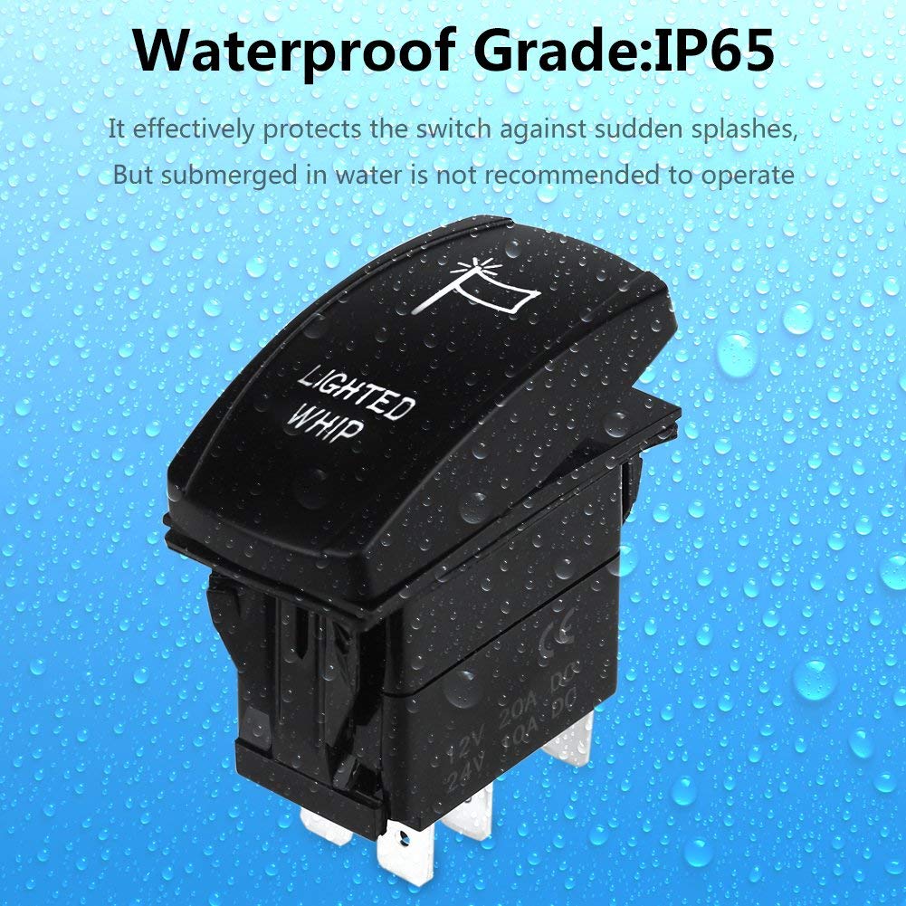 Waterwich Lighted Whip Illuminated Rocker Toggle Switch Waterproof With Jumper Wires Set Dc 20A 12V/10A 24V 5Pin On-Off/Spst Rocker Switch For Auto Truck Boat Marine Rv (Green)