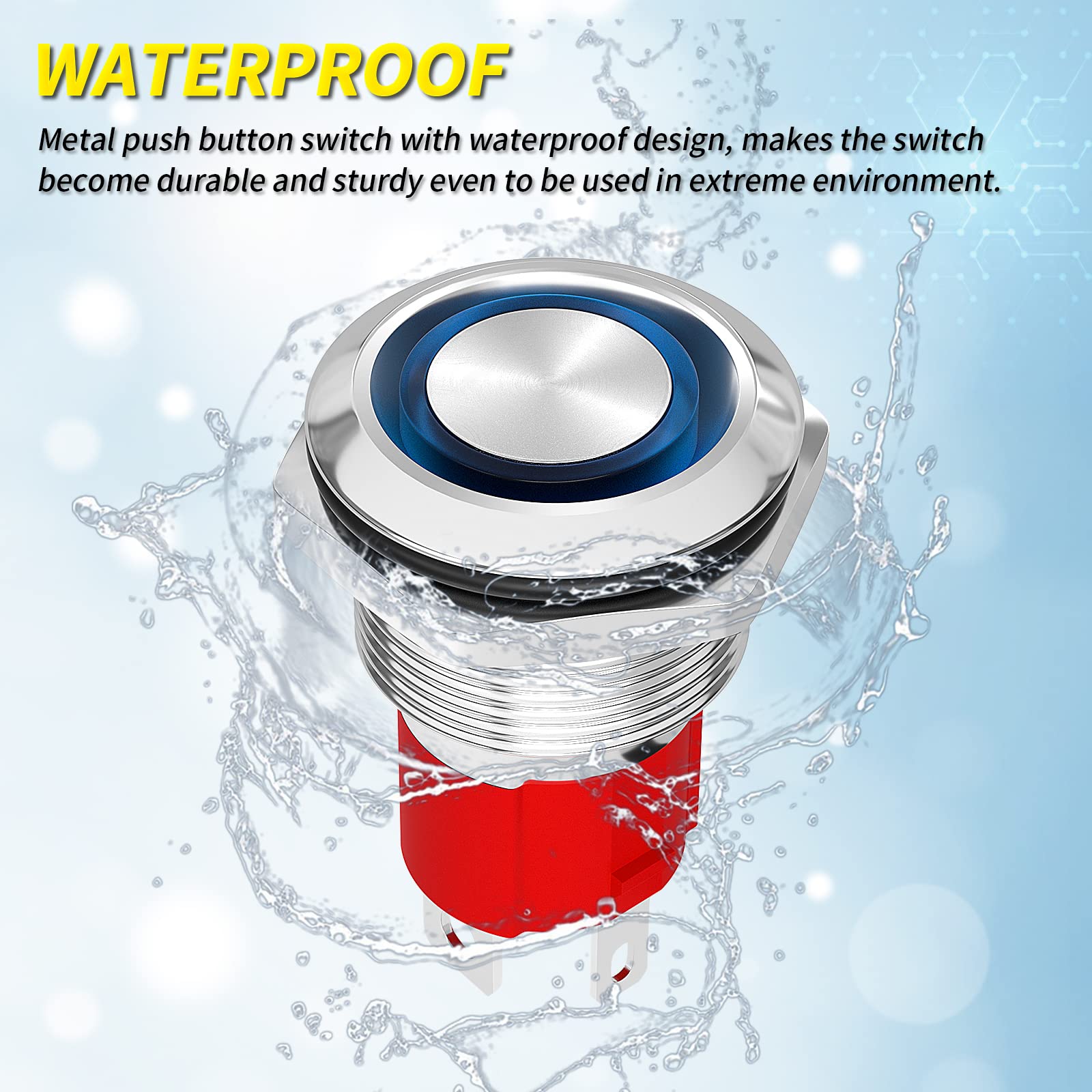 Joinfworld 12V 20A Heavy Duty Waterproof Push Button Switch - Metal Round Switch with Blue LED Ring for Marine, Boat, Car, Truck