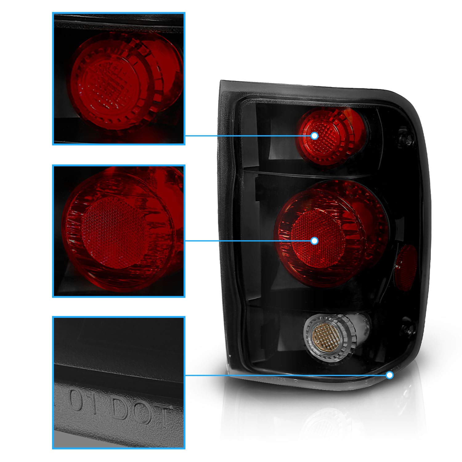 Amerilite Black/Smoke Replacement Brake Tail Lights Set For 98-00 Ford Ranger Only - Passenger And Driver Side