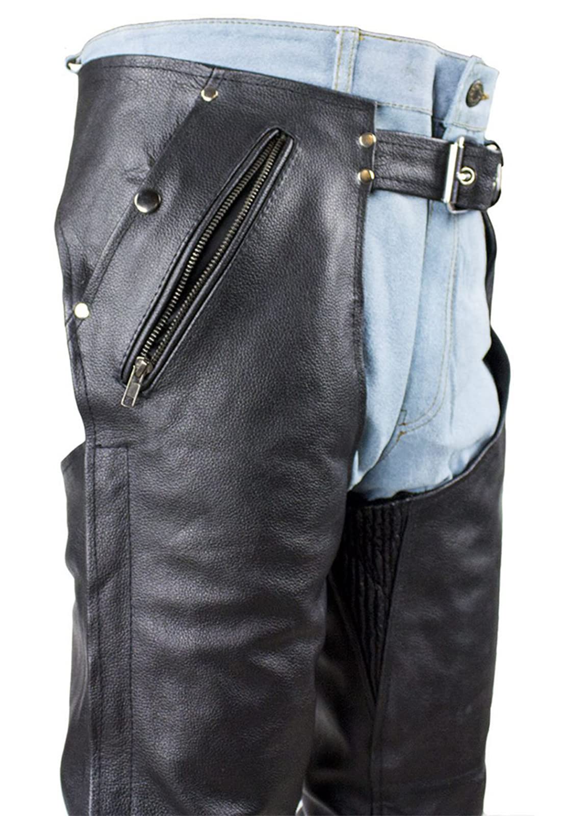 Dream Apparel Black Leather Motorcycle Riding Chaps for Men and Women W/Liner and Four Deep Pockets, Cowboy Biker Chaps Pants (S