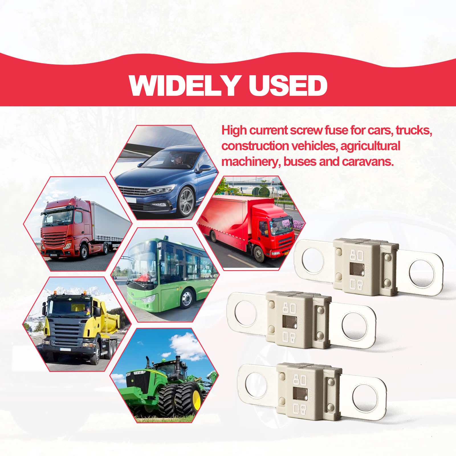 Pack of 3 AMI/Midi Fuse 80 Amp High Current Fuse Bolt-on Fuse, commonly Used in Cars, Trucks, Construction Vehicles, Agricultura