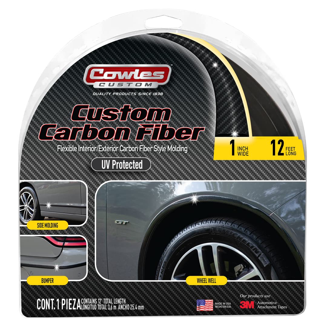 Cowles Custom, 12 Ft Carbon Fiber Style Molding, 1 In Wide Flexible Pvc Attaches With 3M Tape Car/Truck/Suv/Rv Universal Fit Ext