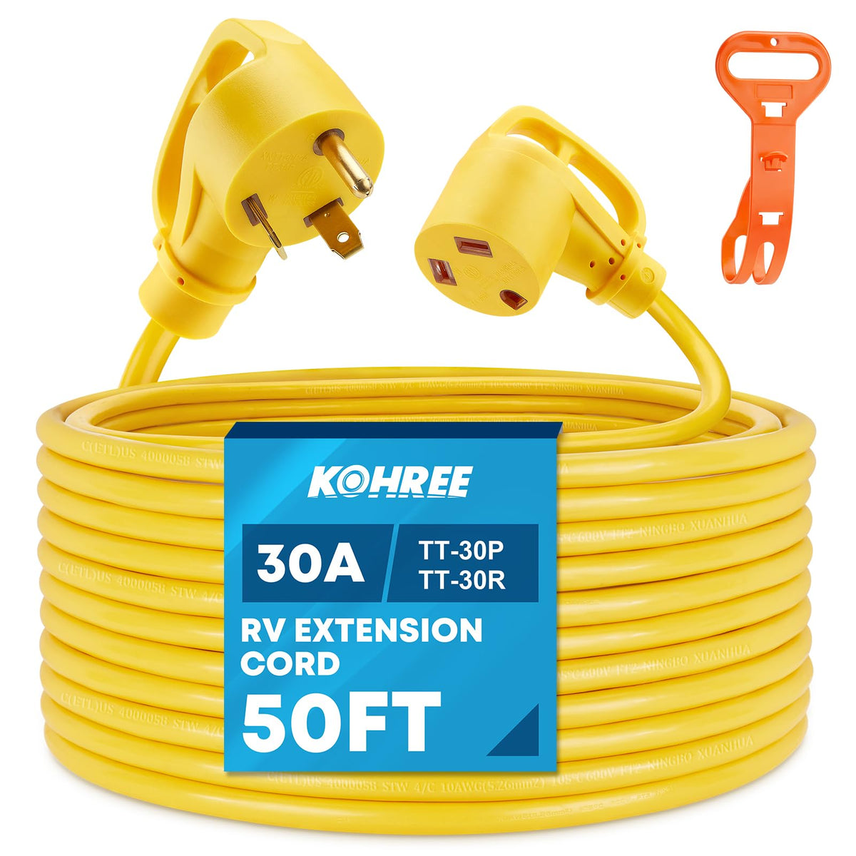 Kohree 50Ft Rv Extension Cord 30 Amp, Rv Power Extension Cord Nema Tt-30P Male To Tt-30R Female Heavy Duty 10/3 Gauge Stw Wire W