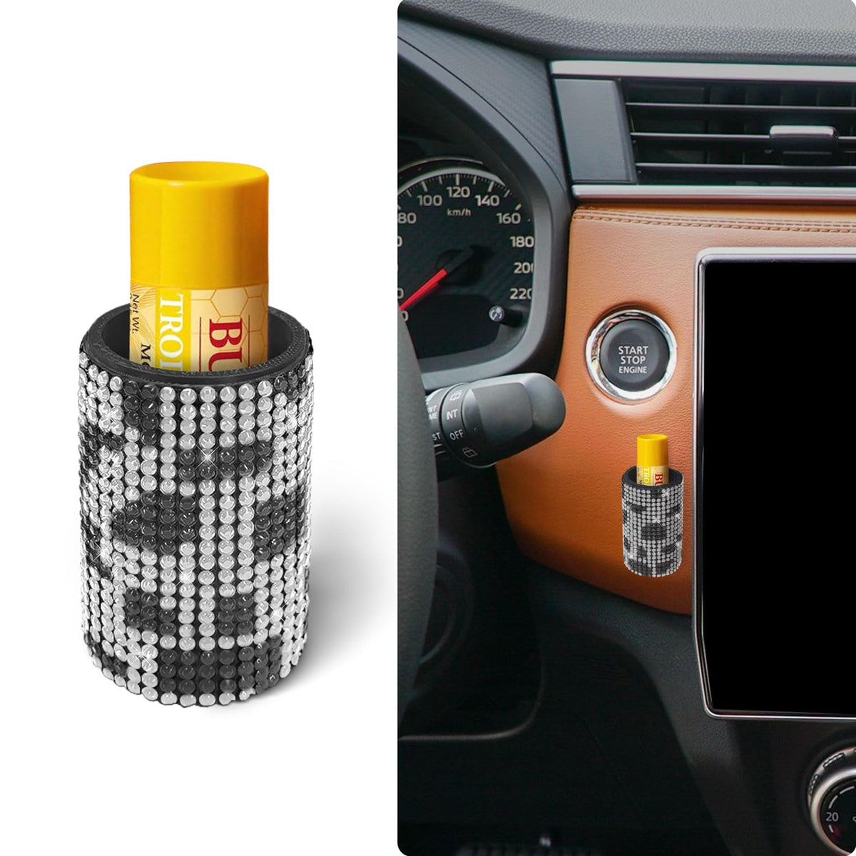 xbrtaia 1 Pack Upright Car Chapstick Holder, Bling Insulating Lip Balm Holder,Rhinestone Car Accessories for Women Interior ,Sui