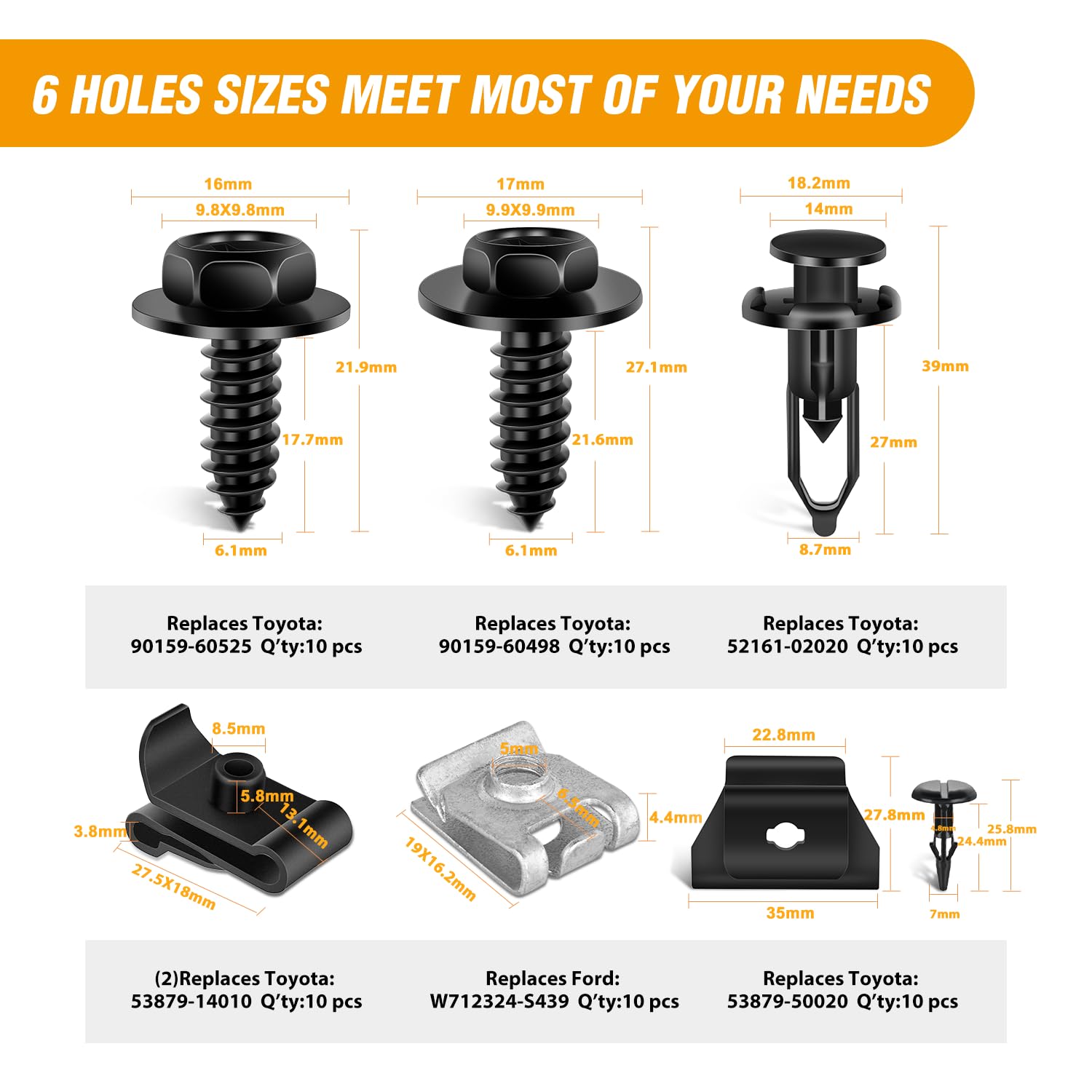 Gooacc 60Pcs Rear Bumper Cover Push-Type Retainer Fender Wheel Housing U-Nut Indented Screw Bumper Cover Clip For Lexus Scion To