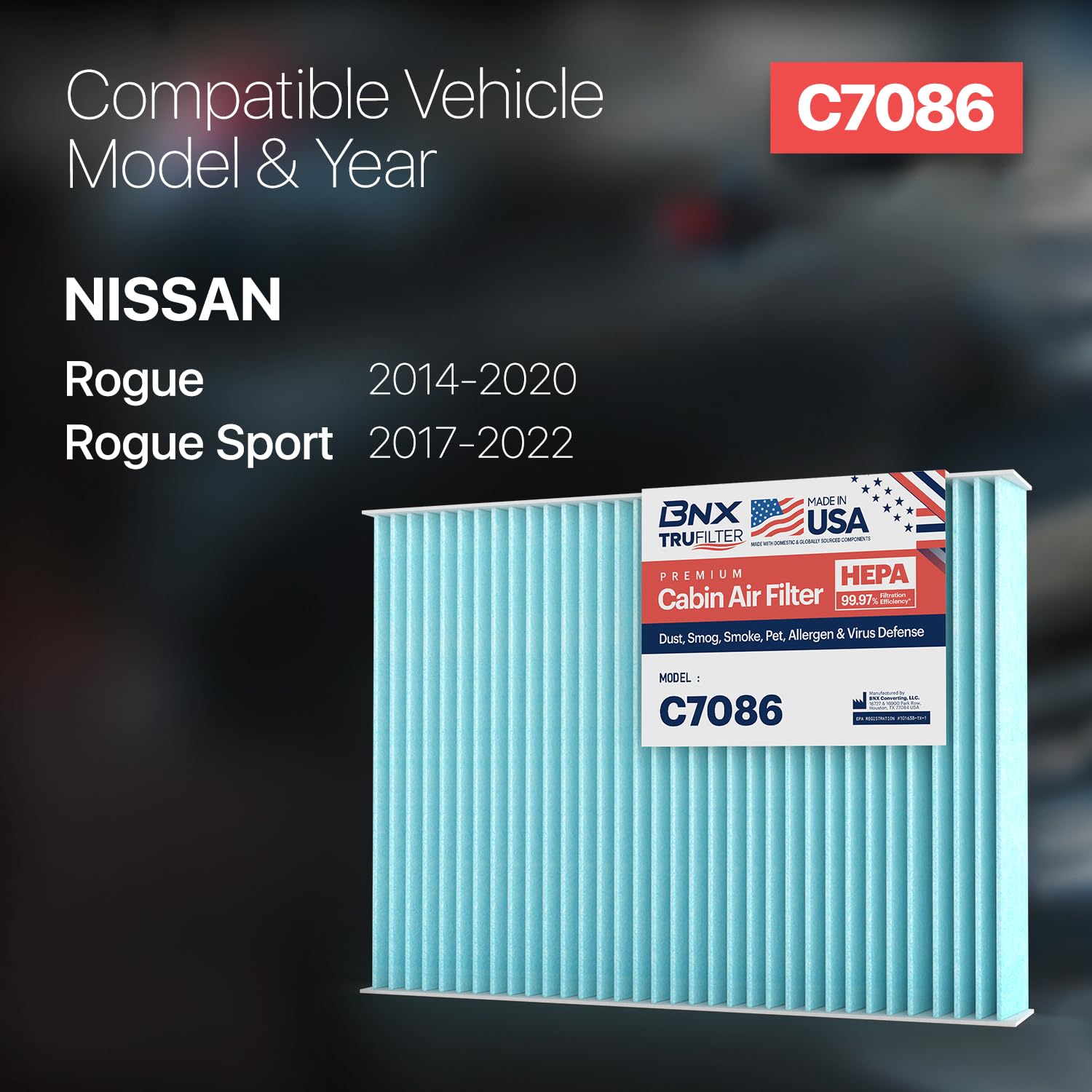 Bnx Trufilter C7086 Cabin Air Filter, Hepa 99.97%, Made In Usa, Compatible With Select Nissan Rogue, Rogue Sport