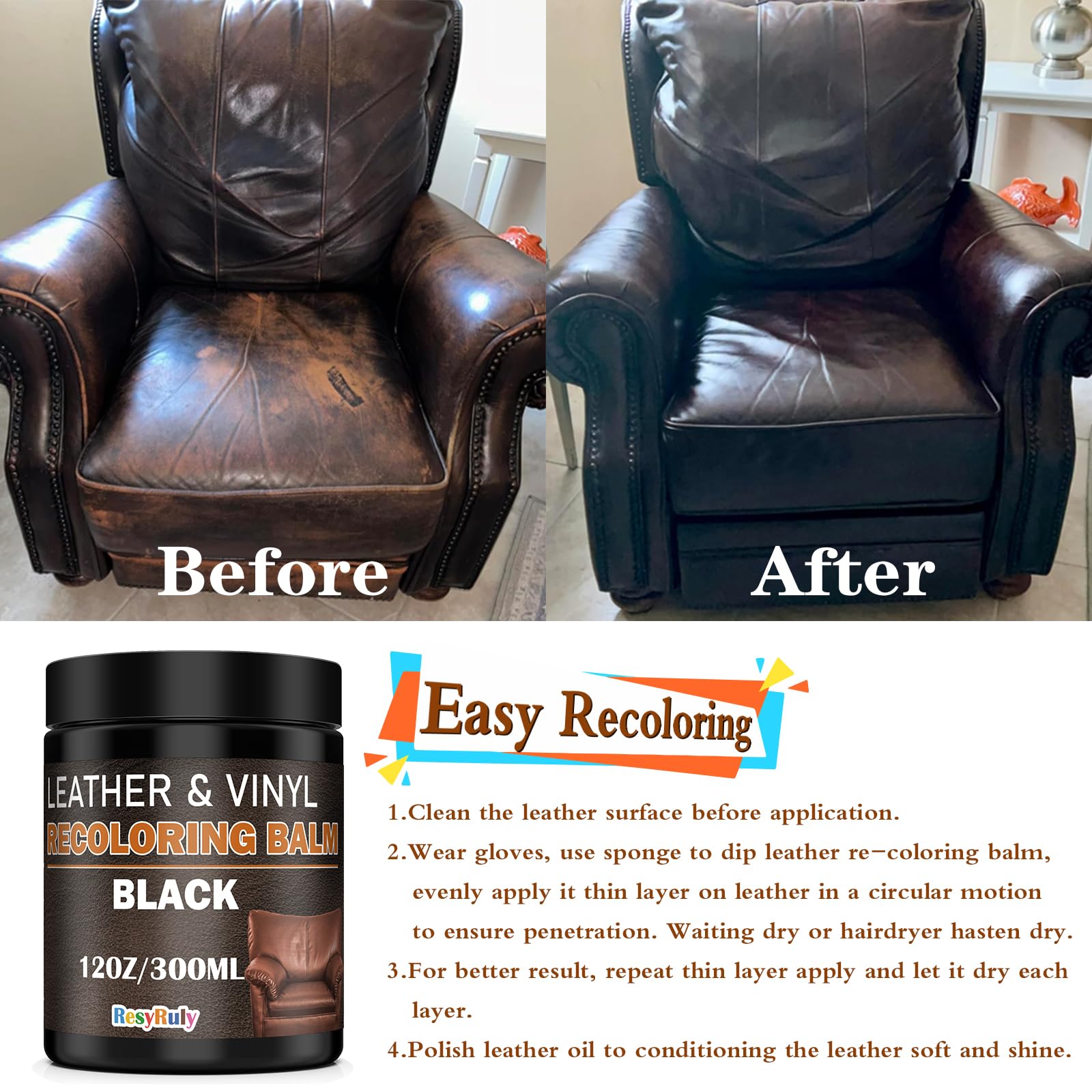 Leather Recoloring Balm Black Leather Dye Vinyl Paint Car Interior Seat Furniture Conditioner Couch Recliner Boots Jacket Shoes