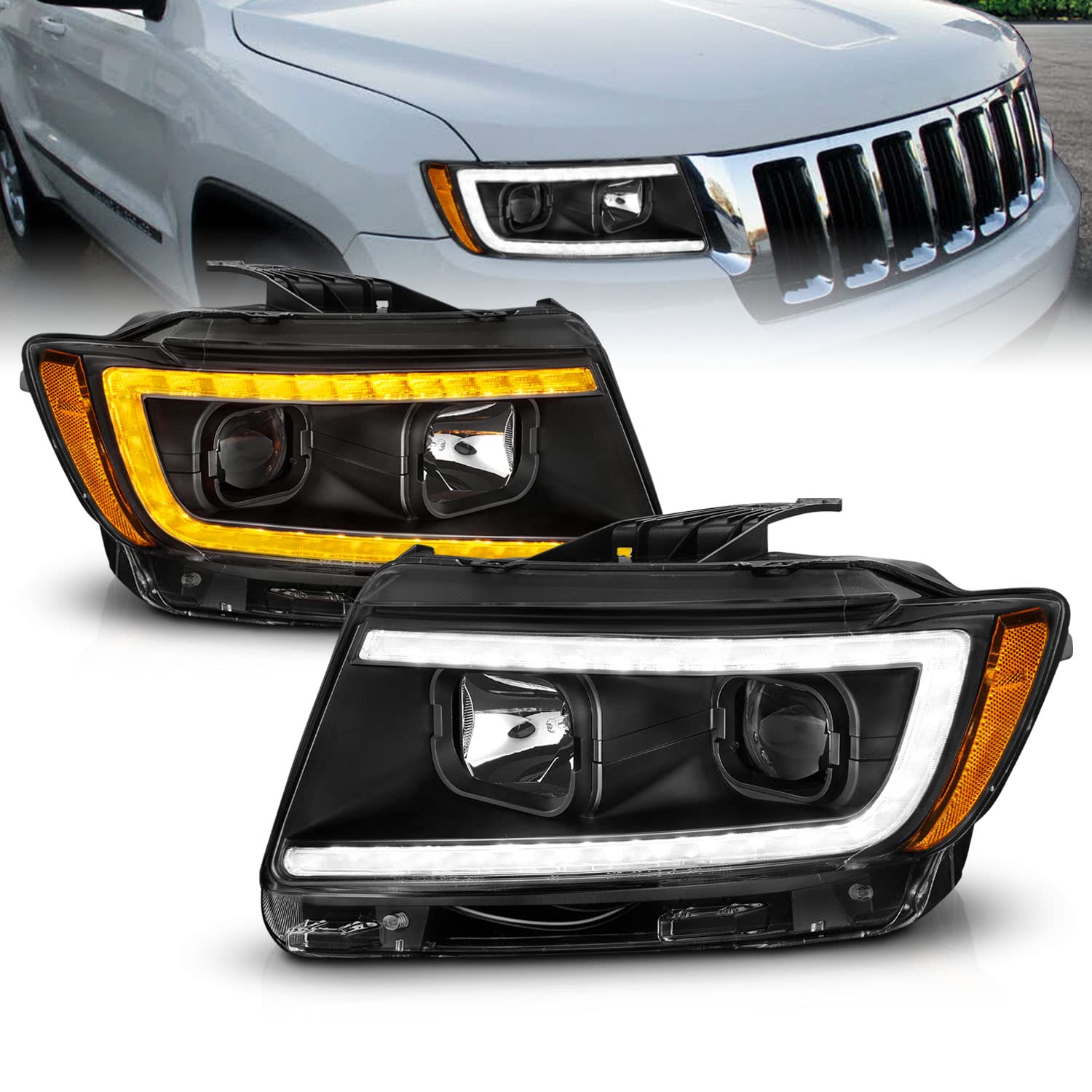 AmeriLite C-Type LED Switchback Projector Headlight Assembly Pair for 2011-2013 Jeep Grand Cherokee WK2 - Black