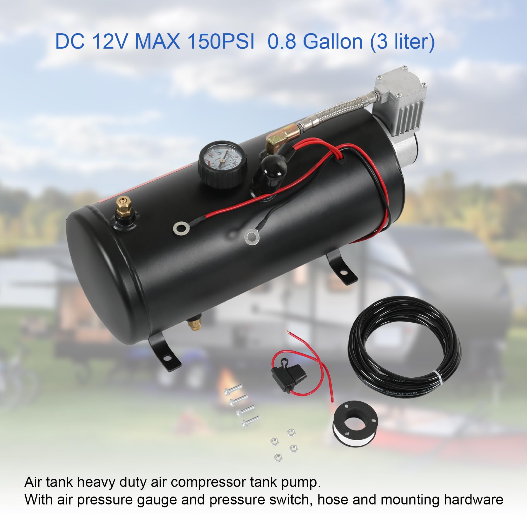 DC 12V MAX 150PSI Air Compressor Tank Pump with 3 Liter Tank 0.8 Gallon Portable Air Compressor Pump for Train Truck Pickup Moto