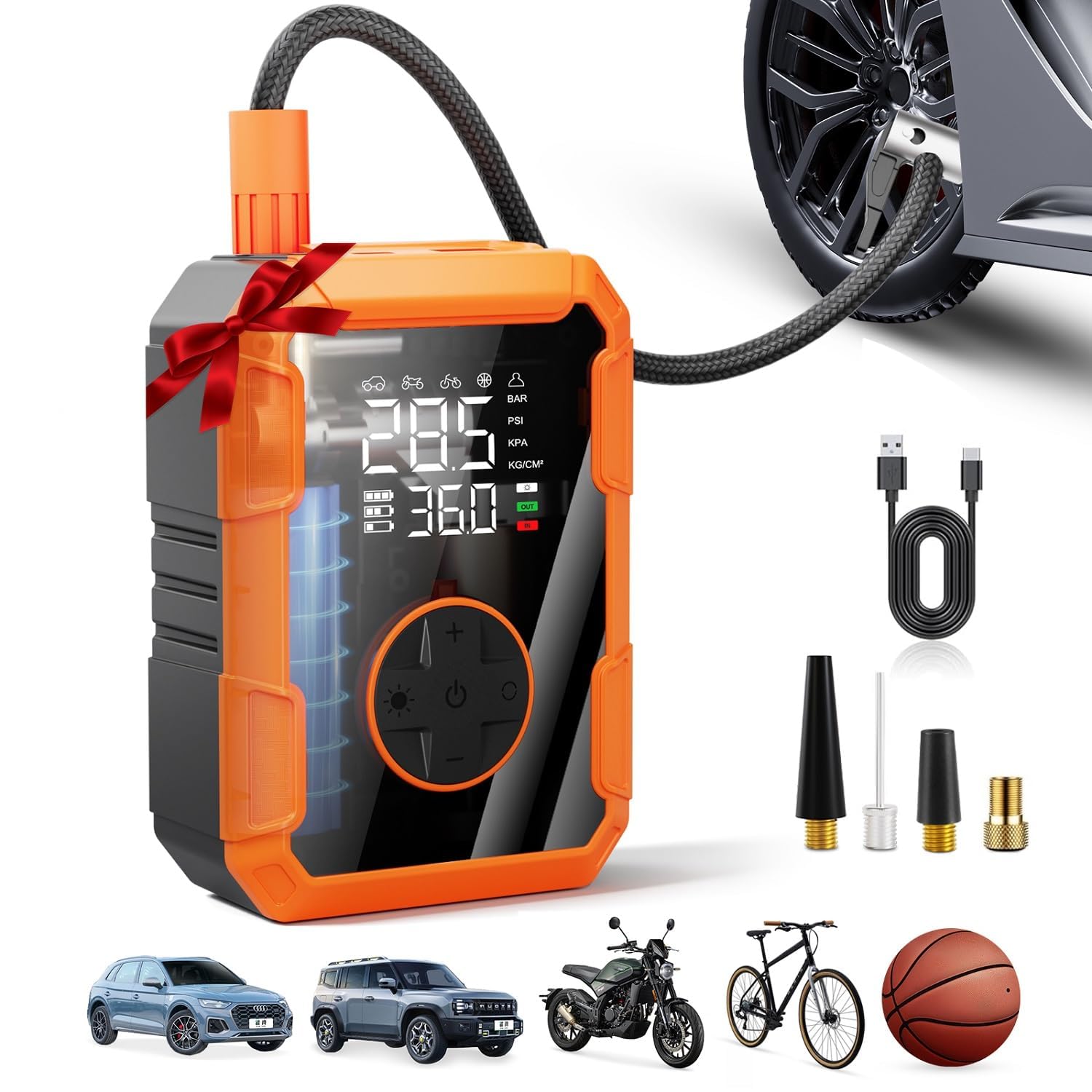 Portable Air Pump for Car Tires, 150 PSI Tire Inflator Cordless with LED Light, Rechargeable Auto Shut-off Air Compressor 2X Fas