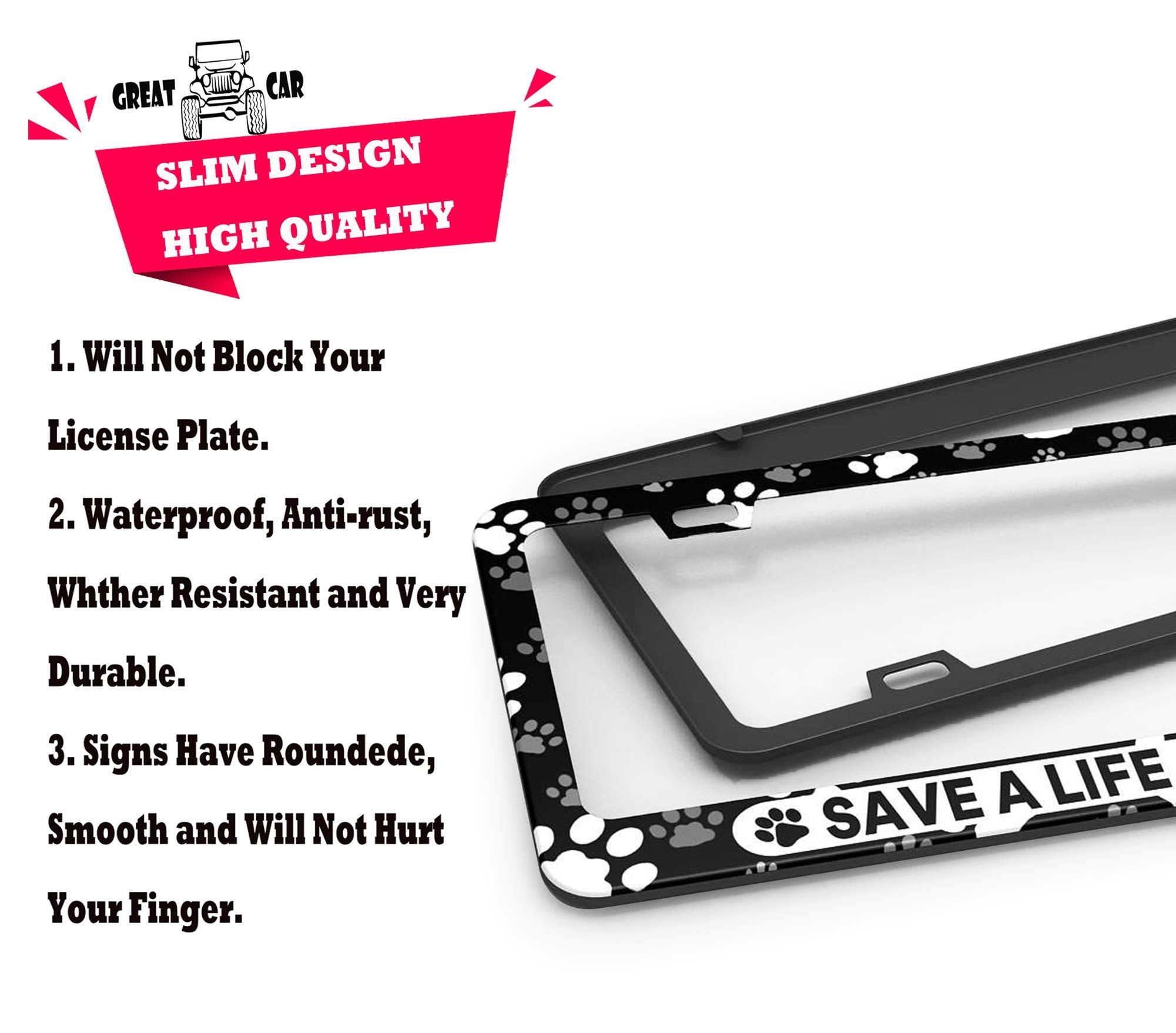 Dzglobal Save A Life Adopt Pet Cat Dog License Plate Frames Paw Prints Design License Plate Covers Aluminum Novelty Car Tag Fram