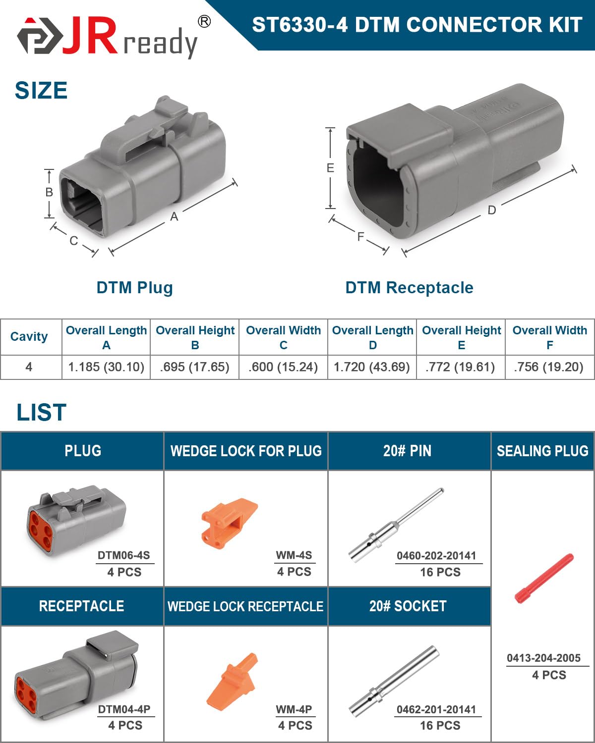 JRready Deutsch DTM 4 Pin Connectors 4 Kits, Waterproof Electrical Wire Connectors with Size 20 Solid Contacts 20-22AWG, ST6330-