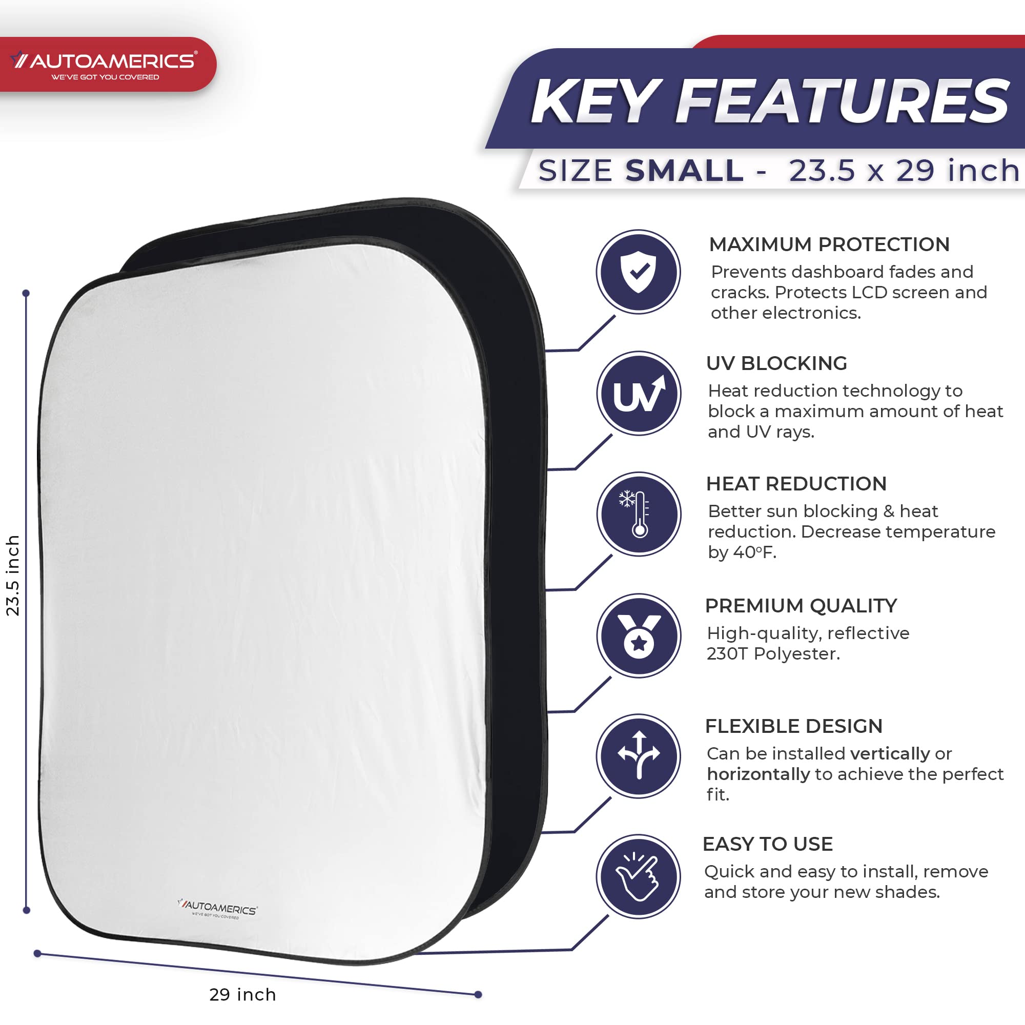 AUTOAMERICS 2-Piece Foldable Windshield Sun Shade - Reflective Polyester, Blocks 99% UV, Small Fit, Standard Silver, Model 13