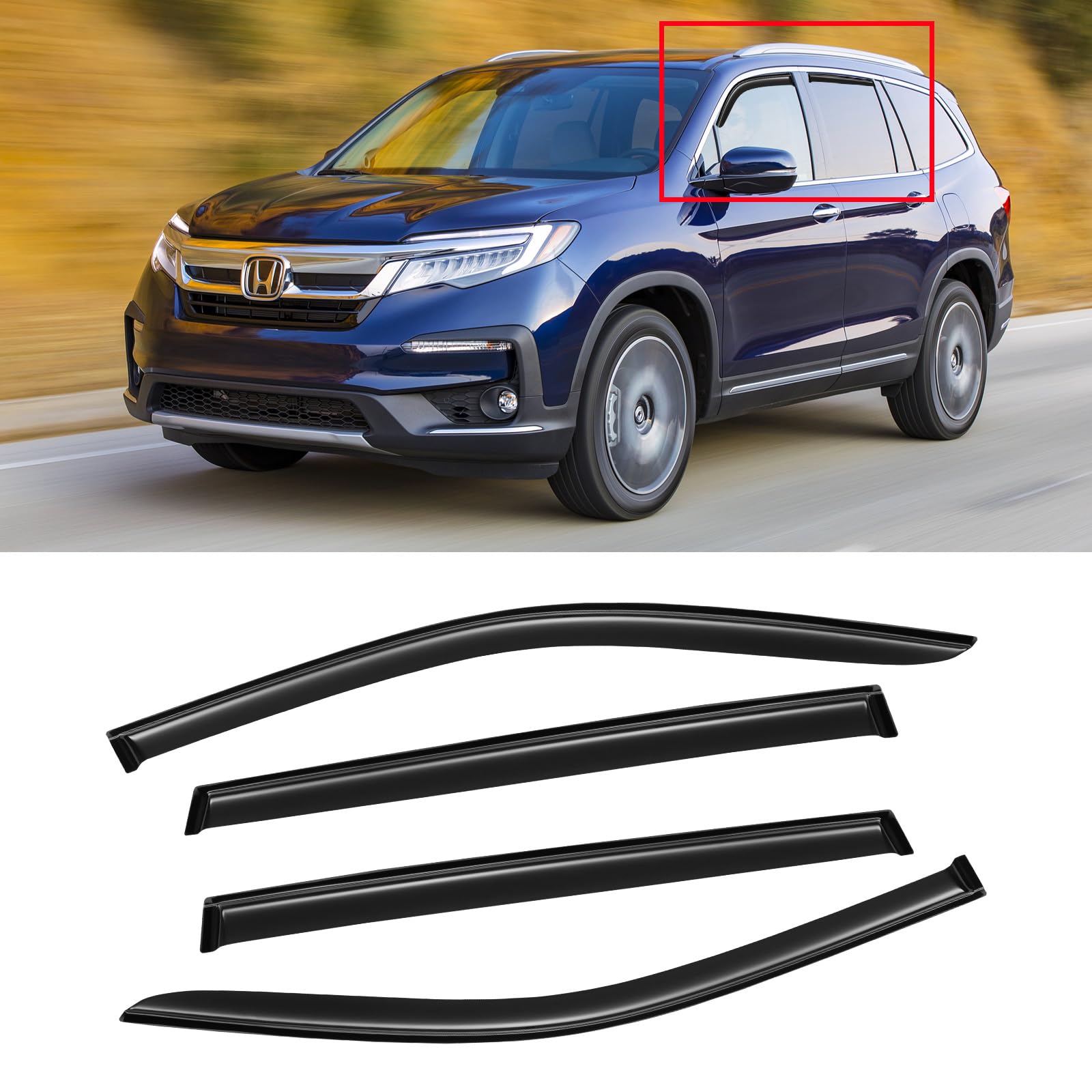 Cmvt Auto Window Visor For 2016-2022 Honda Pilot 17 18 19 20 21, Out-Channel Rain Guards Shields Vent Shade Deflector Wind Dark 