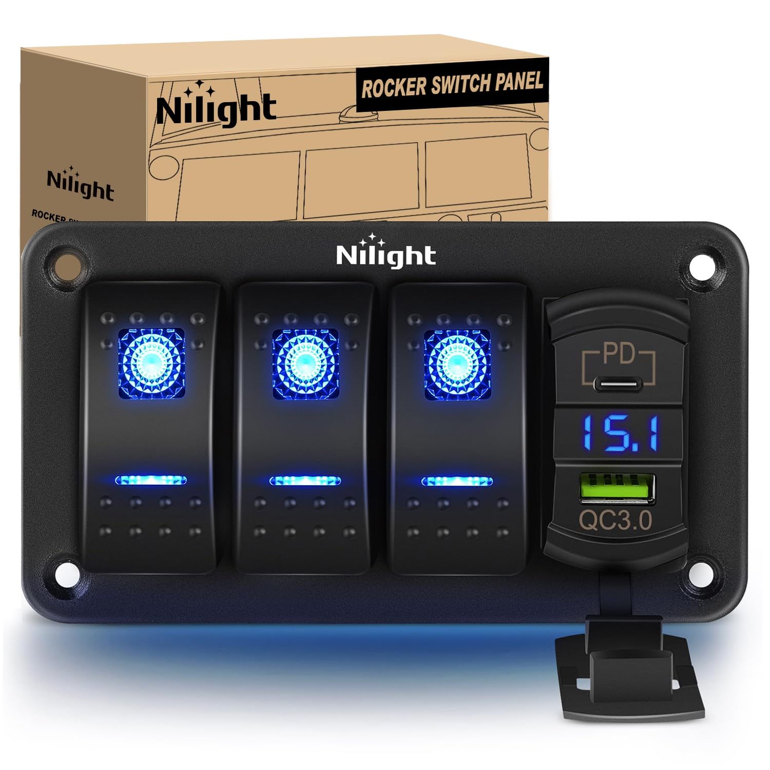 Nilight 3 Gang Rocker Switch Box 12V Spst On Off Pd Type C And Qc 3.0 Usb Charger Voltmeter Waterproof Aluminum Panel Diy Sticke
