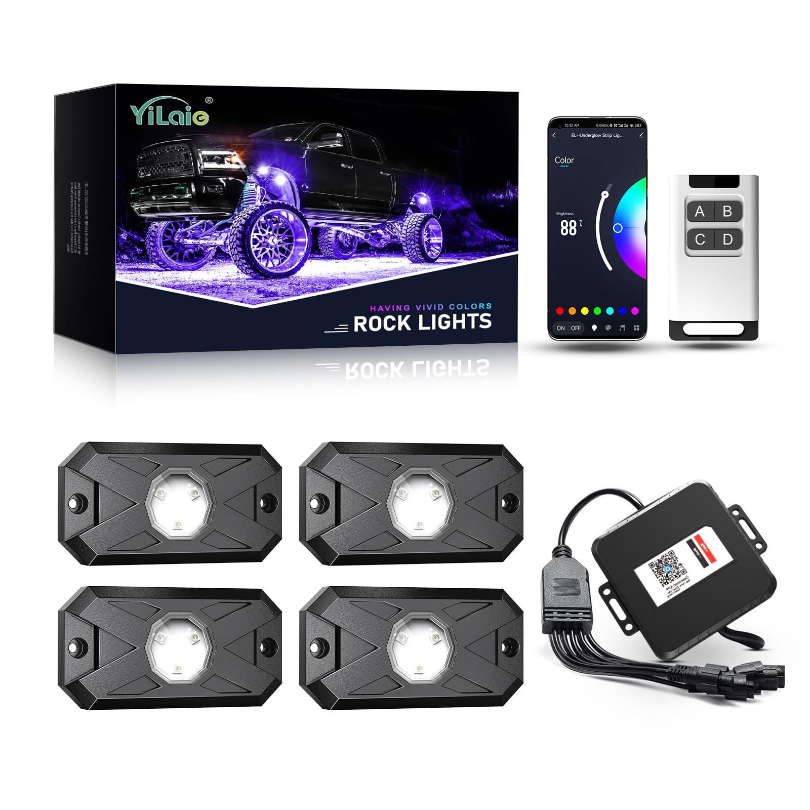 Yilaie Rgb Led Rock Lights Kit 4 Pods, Upgraded Underglow Multicolor Led Light Pod With App/Rf Remote Control, Flashing Music Mo