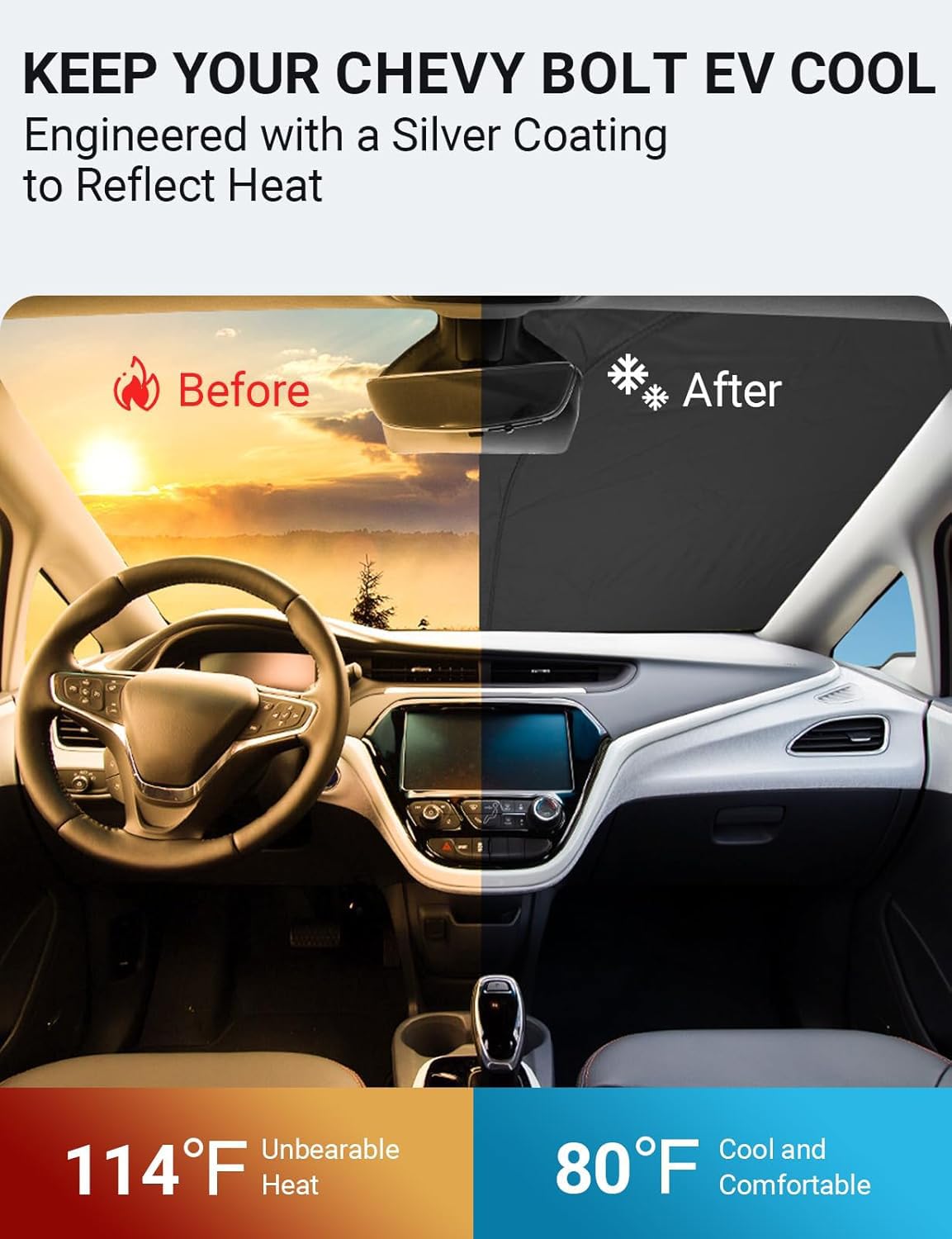Proadsy 2025 Upgrade Windshield Sunshade Custom Fit 2017-2024 2025 Chevrolet Chevy Bolt Ev Lt, Premier Hatchback Reflective Heat