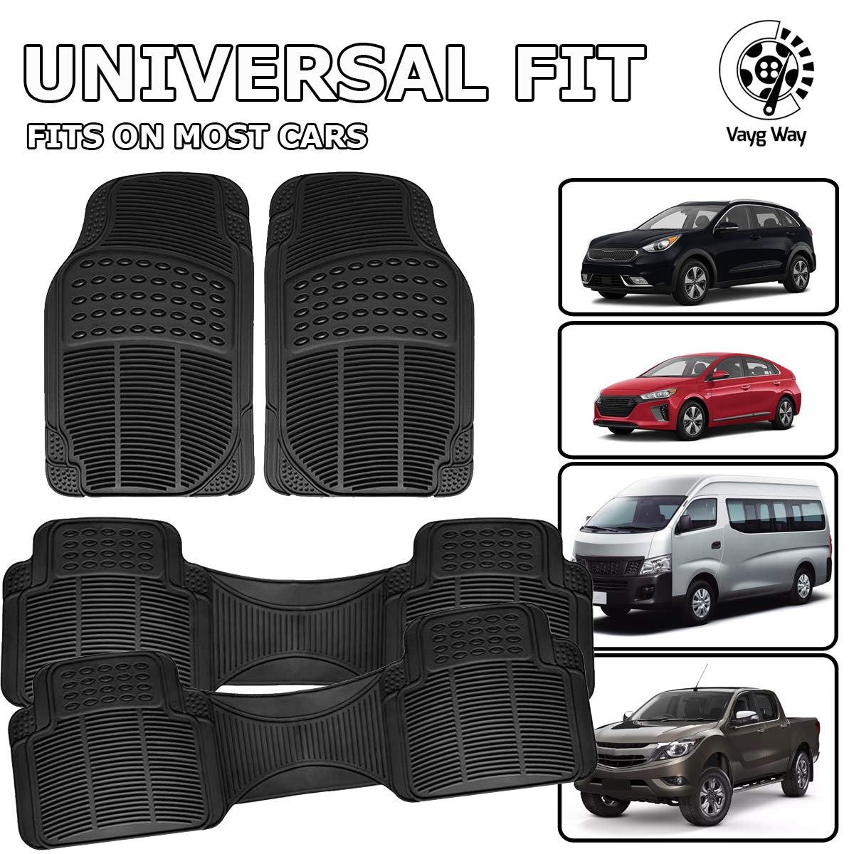 Car Suv Floor Mat By Vaygway - 4 Piece Heavy Duty Set - 3 Row Vehicle All Weather Floor Mats - Black Trimmable Universal Fit Rub