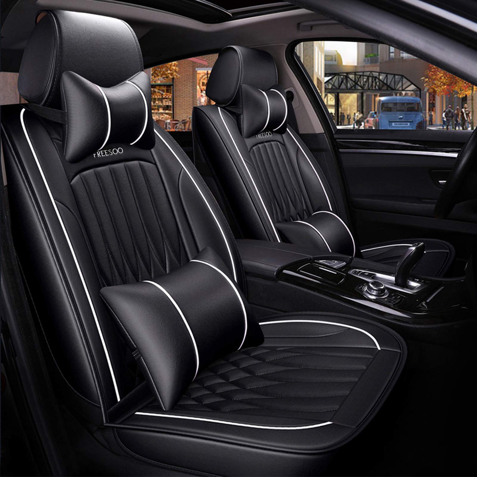 Freesoo Car Seat Cover Leather, Waterproof Seat Covers Full Set Automotive Cushion Universal Fit For Honda Toyota Nissan Hyundai