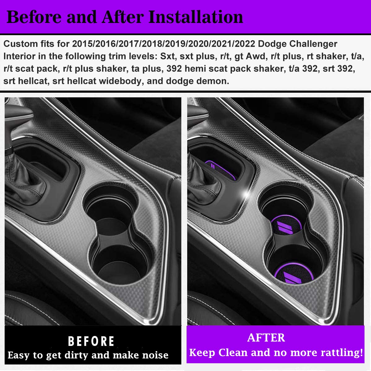 Auprite Non-Slip Anti Dust Mats For Dodge Challenger Accessories 2015 2016 2017 2018 2019 2020 2021 2022, Custom Fits Cup Holder Liners Mats Door Pocket Center Console Liners (Purple/11Pcs)