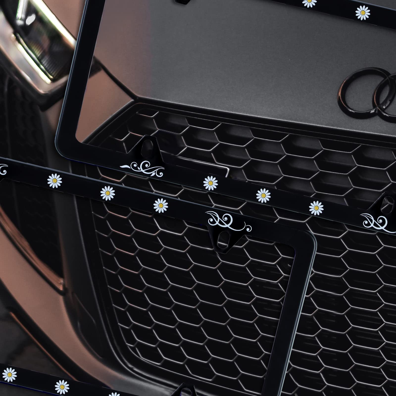 ?2Pcs? Cute Daisy Flower Yellow Daisies Floral License Plate Frame Stainless Steel Car License Plate Frame Accessory Car Plate F