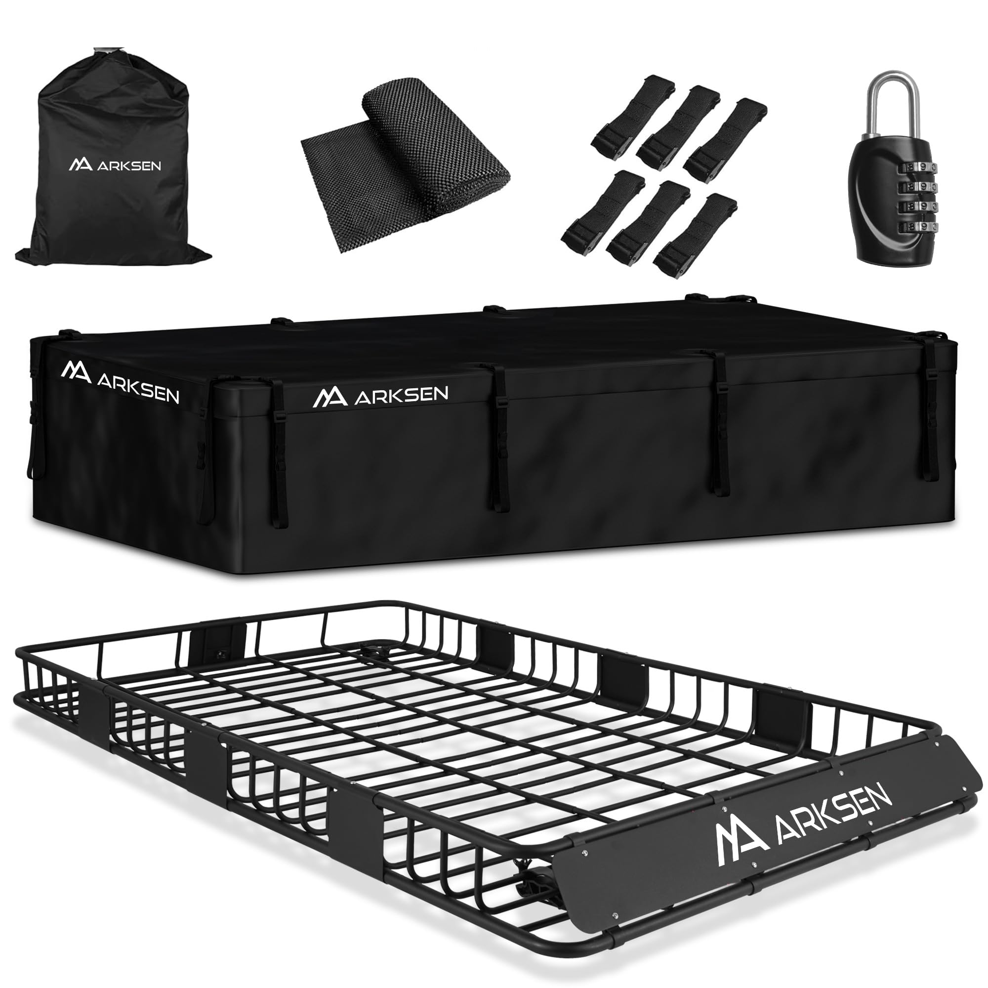 Arksen 84 X 50 X 6 Inch Universal Extra Wide 250Lb Heavy Duty Roof Rack Cargo With 500D Pvc Waterproof Cargo Bag, Car Top Luggag
