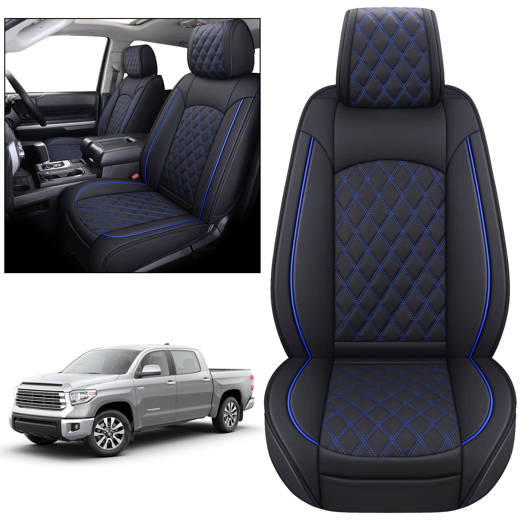 Yiertai Truck Seat Covers Compatible With Toyota Tundra For 2008-2025 Tundra Crewmax Sr5 Limited Double Cab Crew Extended Cab Waterproof Leather Seats Protectors(2 Pcs Front Only/Black-Blue)